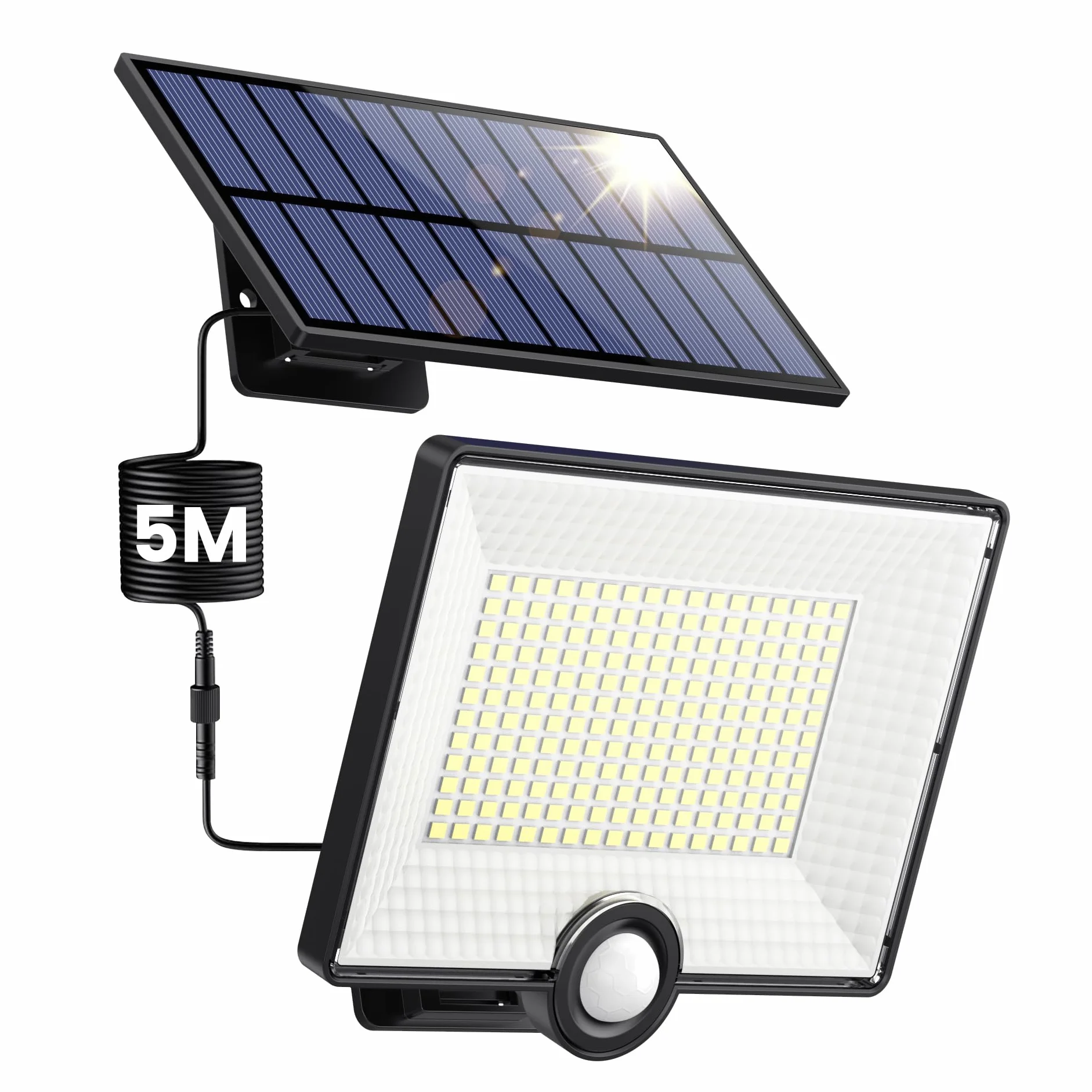 Zewnętrzna lampa solarna z czujnikiem ruchu 204 LED 2000 lm IP65 Reflektor LED z kablem 5 m