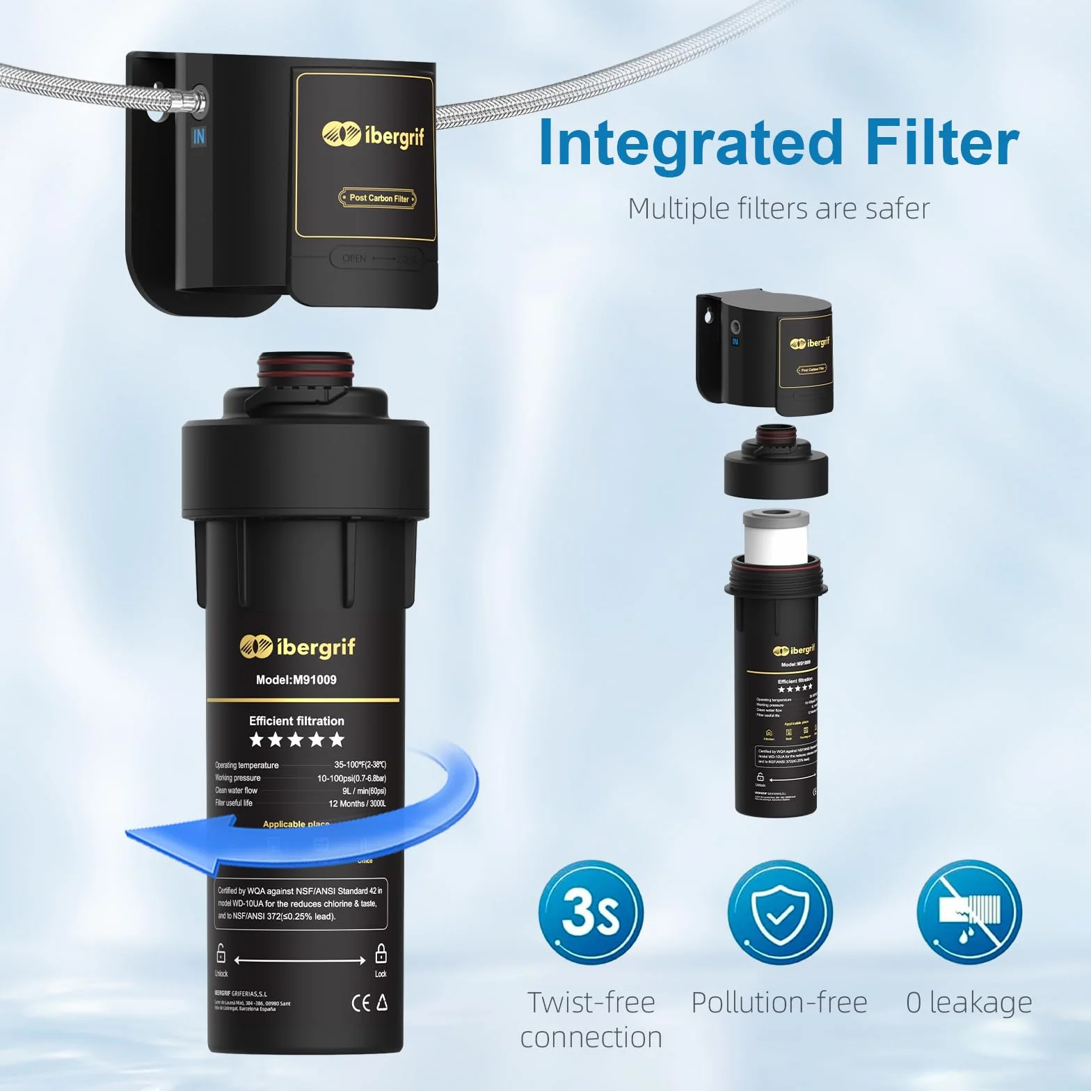 Ibergrif M91009 system filtra wody pod zlewem, NSF/ANSI 42, redukuje chlor, ołów, fluorek, zły smak i zapach, czarny