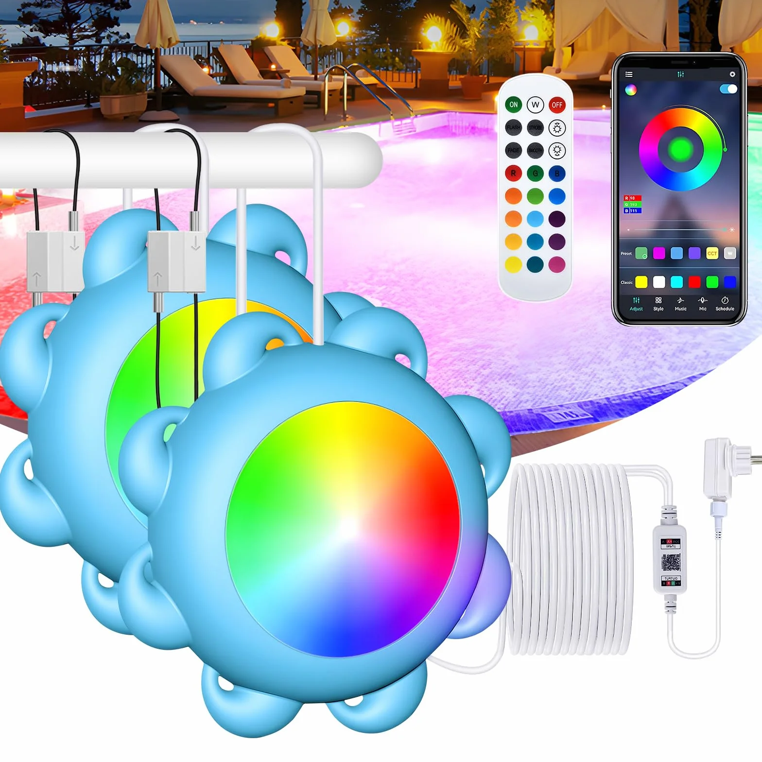 Oświetlenie basenu RGB z pilotem, muzyczne, timer, podwodne do wanny (2)