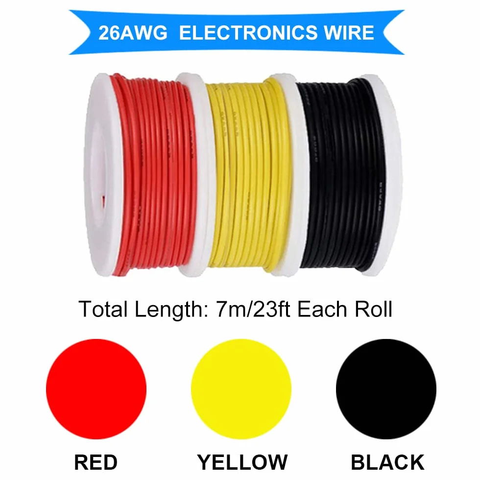 Zestaw kabli połączeniowych 26AWG, kabel elektryczny 26 Gauge, izolacja PVC 300 V, ocynowany drut miedziany, 3 kolory (czarny, czerwony, żółty)