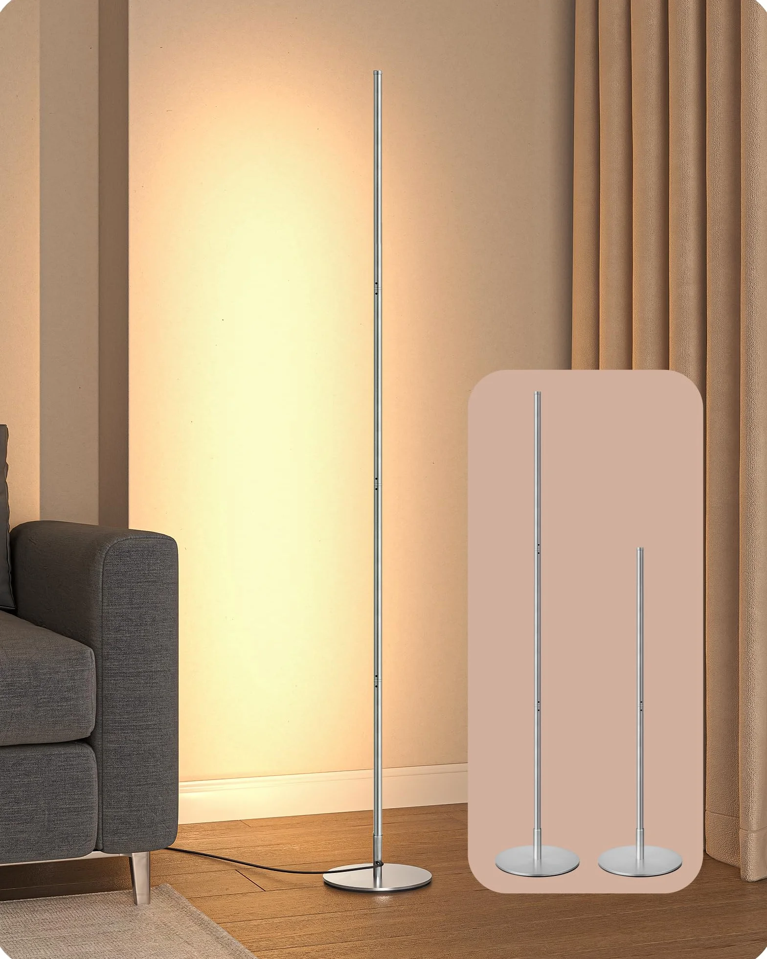 EDISHINE Lampa stojąca do salonu, lampa stojąca LED, ściemniana, 3000 K, ciepła biel, lampa stojąca z funkcją pamięci, regulacja wysokości 146 cm, nowoczesna lampa stojąca do sypialni i biura, srebrna