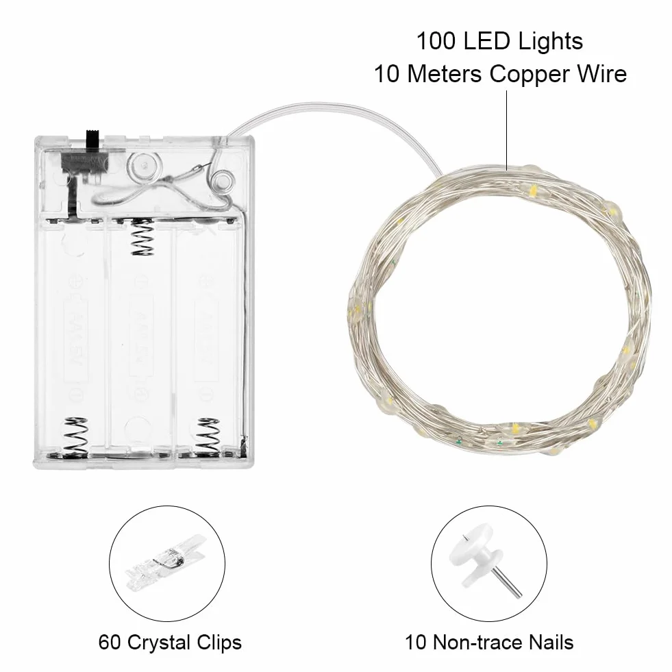 100 diod LED z klipsem zasilanie bateryjne 10 m przezroczyste klipsy