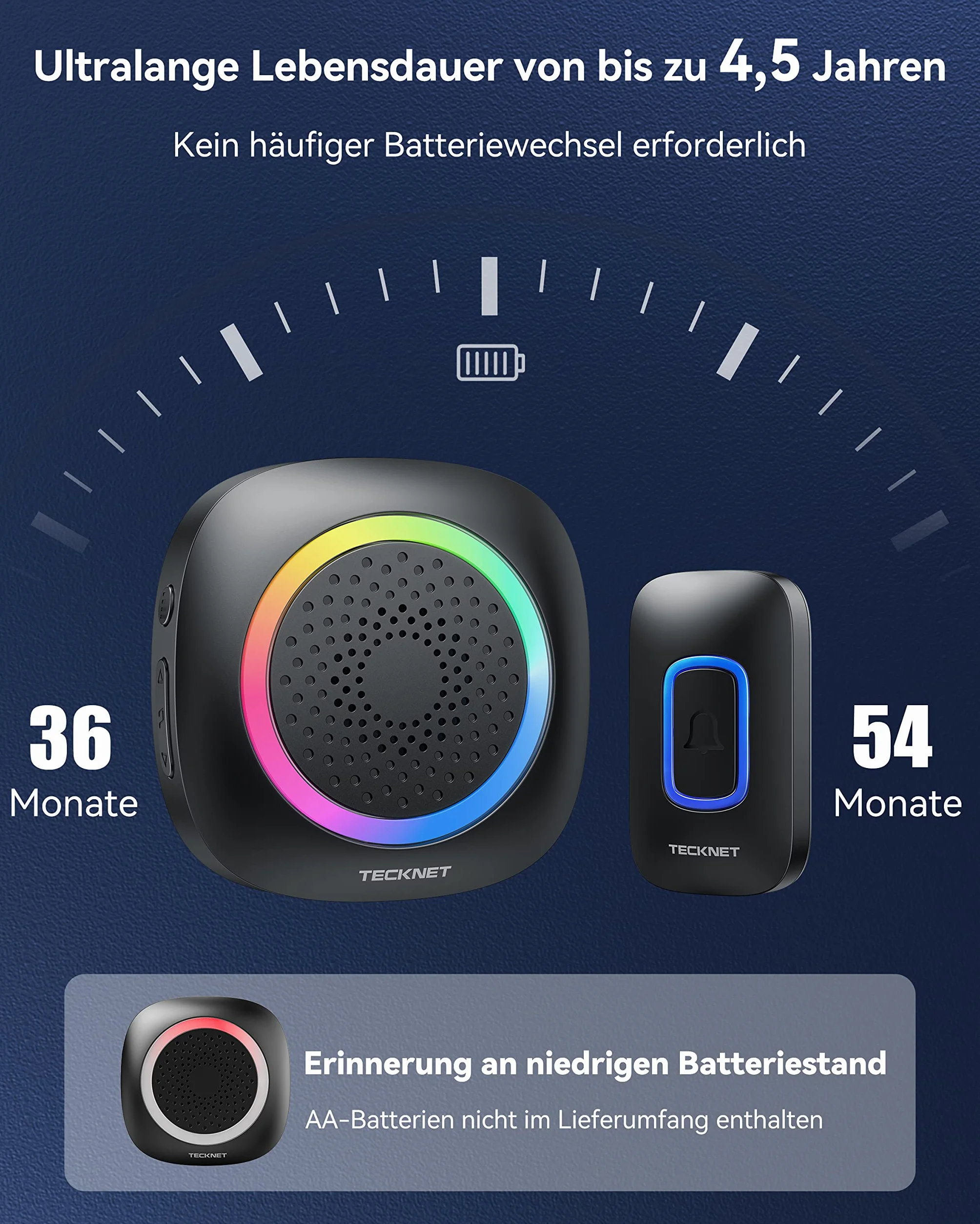 TECKNET Bezprzewodowy dzwonek do drzwi, zasilany baterią, wodoodporny IP66, zasięg 400 m, 5 poziomów głośności 60 melodii, wymienna bateria RGB bezprzewodowy dzwonek do drzwi, do domu, biura,