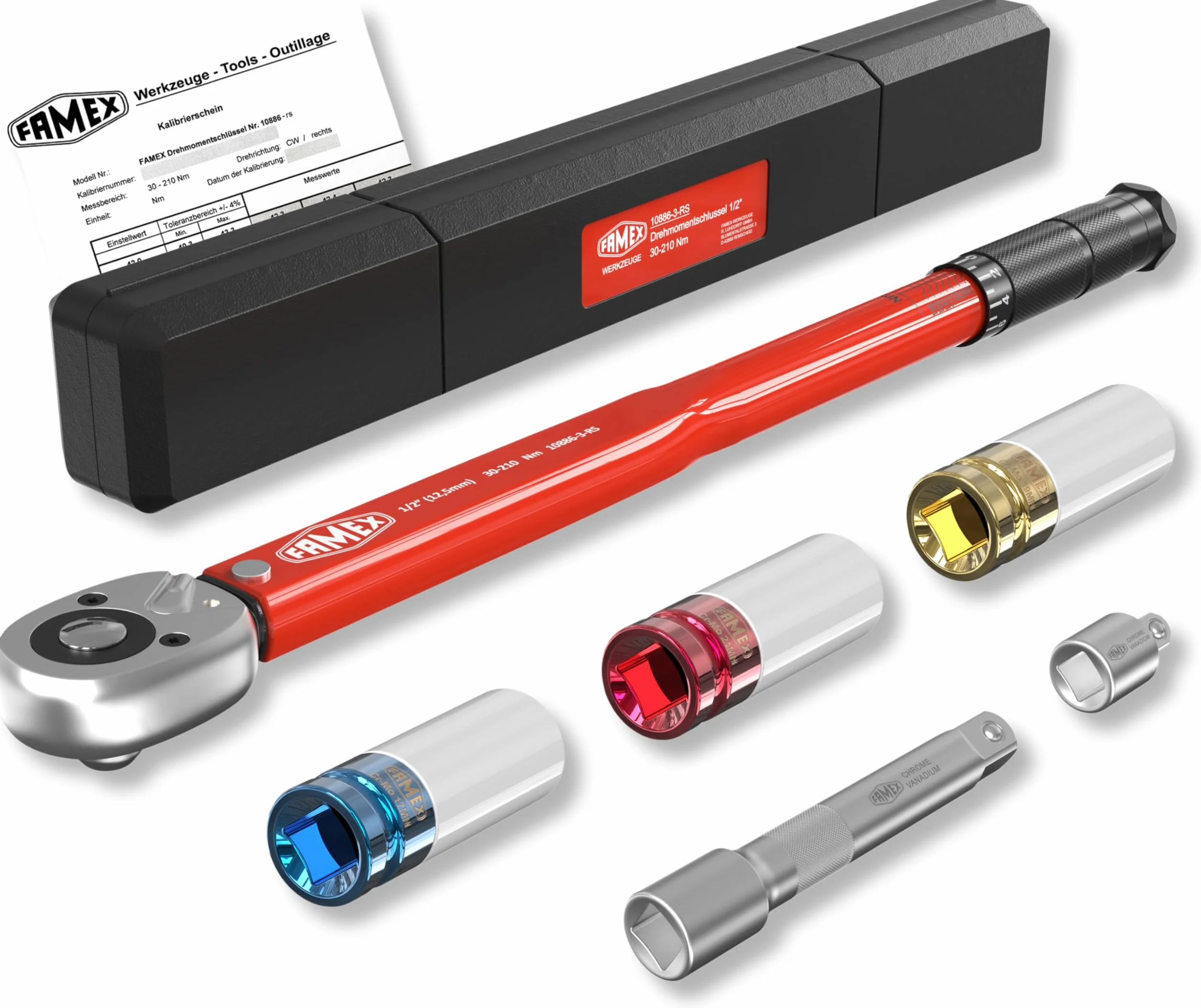 FAMEX klucz dynamometryczny 1/2" 30-210 Nm zestaw 3 nasadki do felg aluminiowych