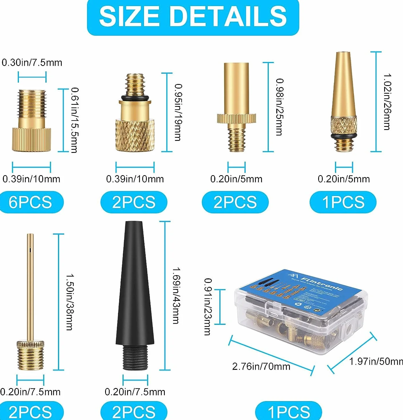 flintronic Adapter do wentyla rowerowego 15 szt., adapter do pompki rowerowej, adapter wentyla rowerowego DV/SV/AV, do sprężarki rowerowej, do pompki kulowej, do pompy powietrza