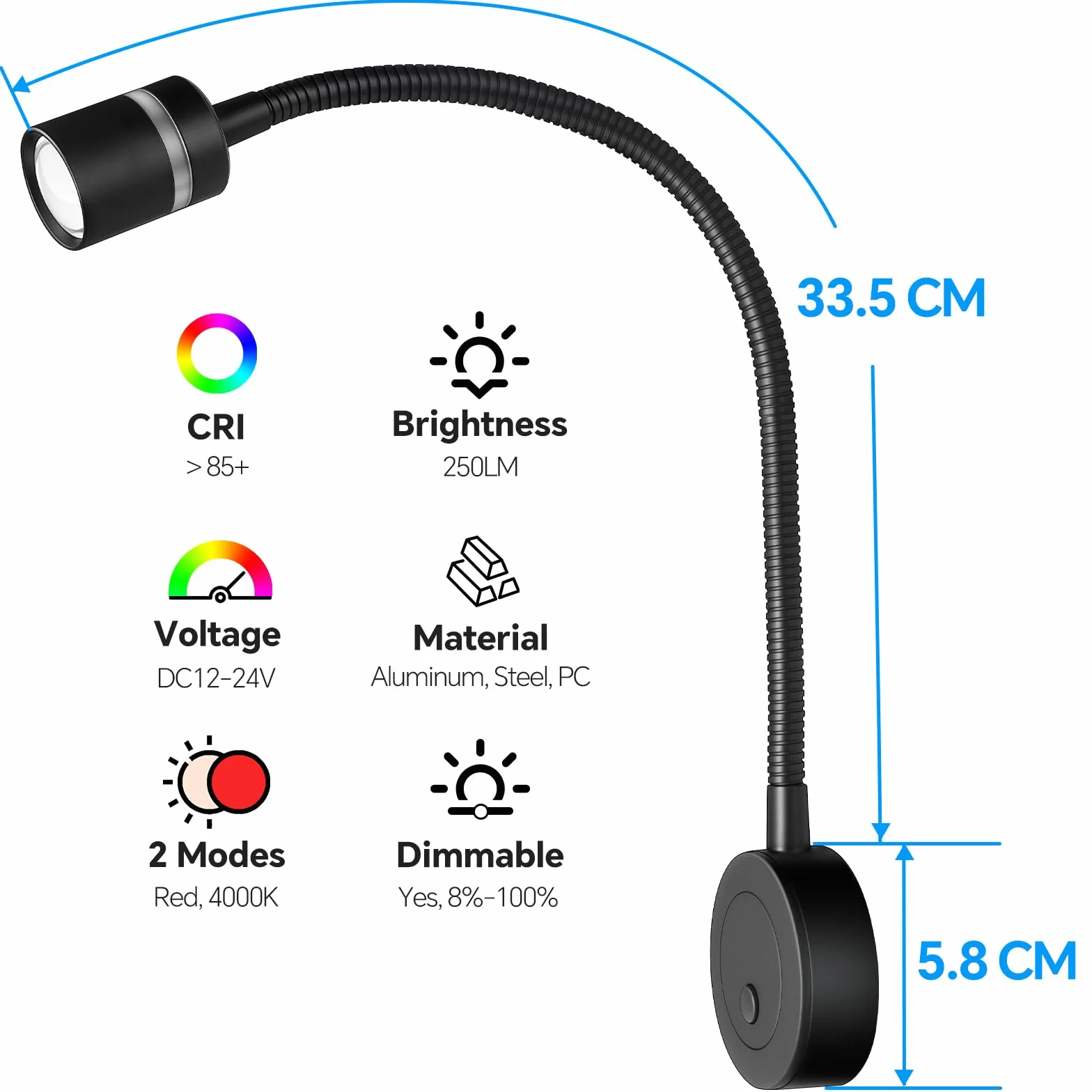 Acegoo Lampa do czytania LED 12V 4000K ściemnialna czerwona lampka nocna 20W ładowarka USB C 2 szt.