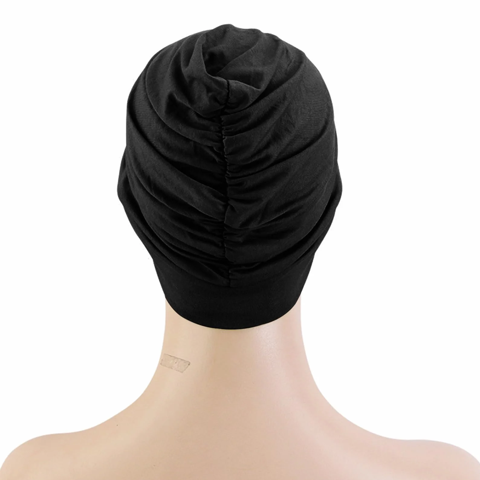 Czarny damski turban, jednokolorowy, regulowany kolor, turban z plisowanego materiału, elastyczny kaptur crossover, okrągły kapelusz turbanowy, dla kobiet, długie, krótkie włosy