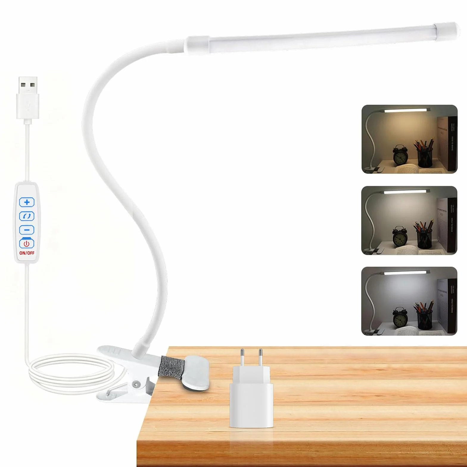 Akynite Lampa biurkowa 8W z zaciskiem USB, 3 kolory 10 jasności, elastyczna szyja łabędzia