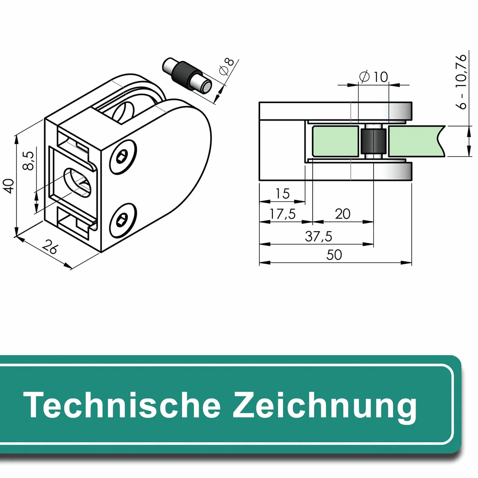 PRIOstahl Zestaw 4 szklanych uchwytów zaciskowych 50 x 40 x 26 mm do szkła Ø 42,4 mm ze stali nierdzewnej V2A