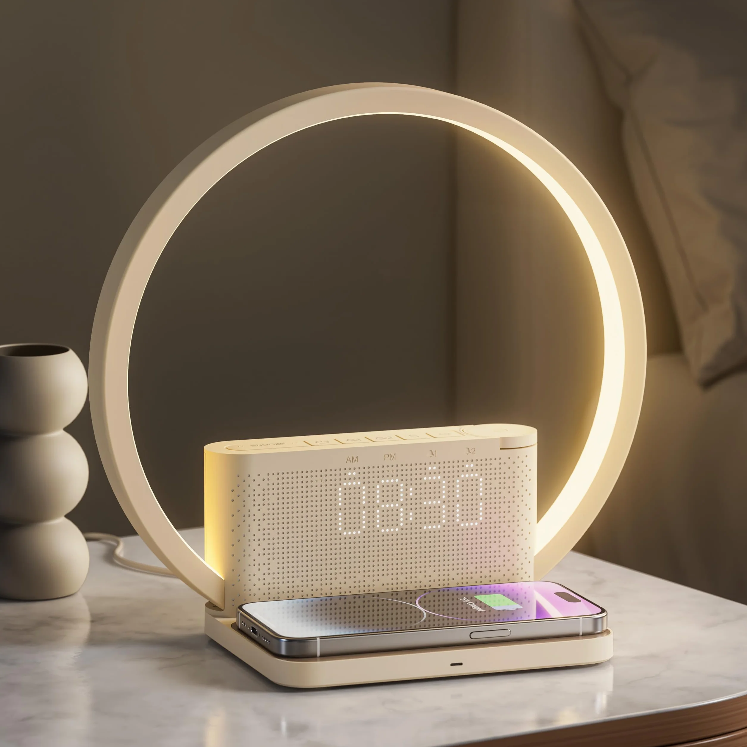 Blonbar Lampka nocna z budzikiem świetlnym Wake Up Light, bezprzewodowa ładowarka 10 W, dotykowa ściemniana, 3 poziomy jasności