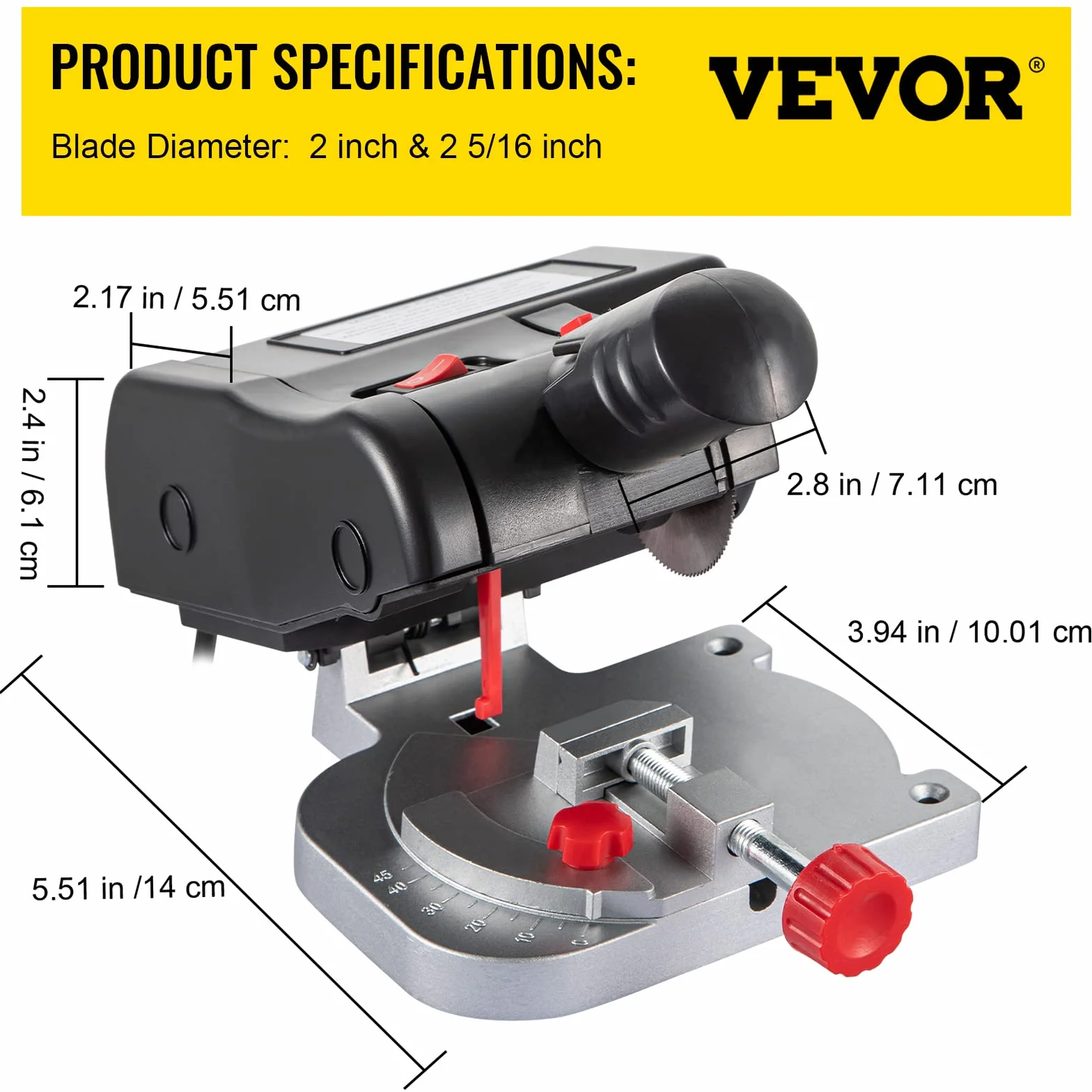 VEVOR Mini piła ukośna 90 W, 7800 RPM, regulacja 0-45°, brzeszczoty 5 cm i 5,87 cm, 12/10/4 mm, przenośna, do drewna, cynku, aluminium