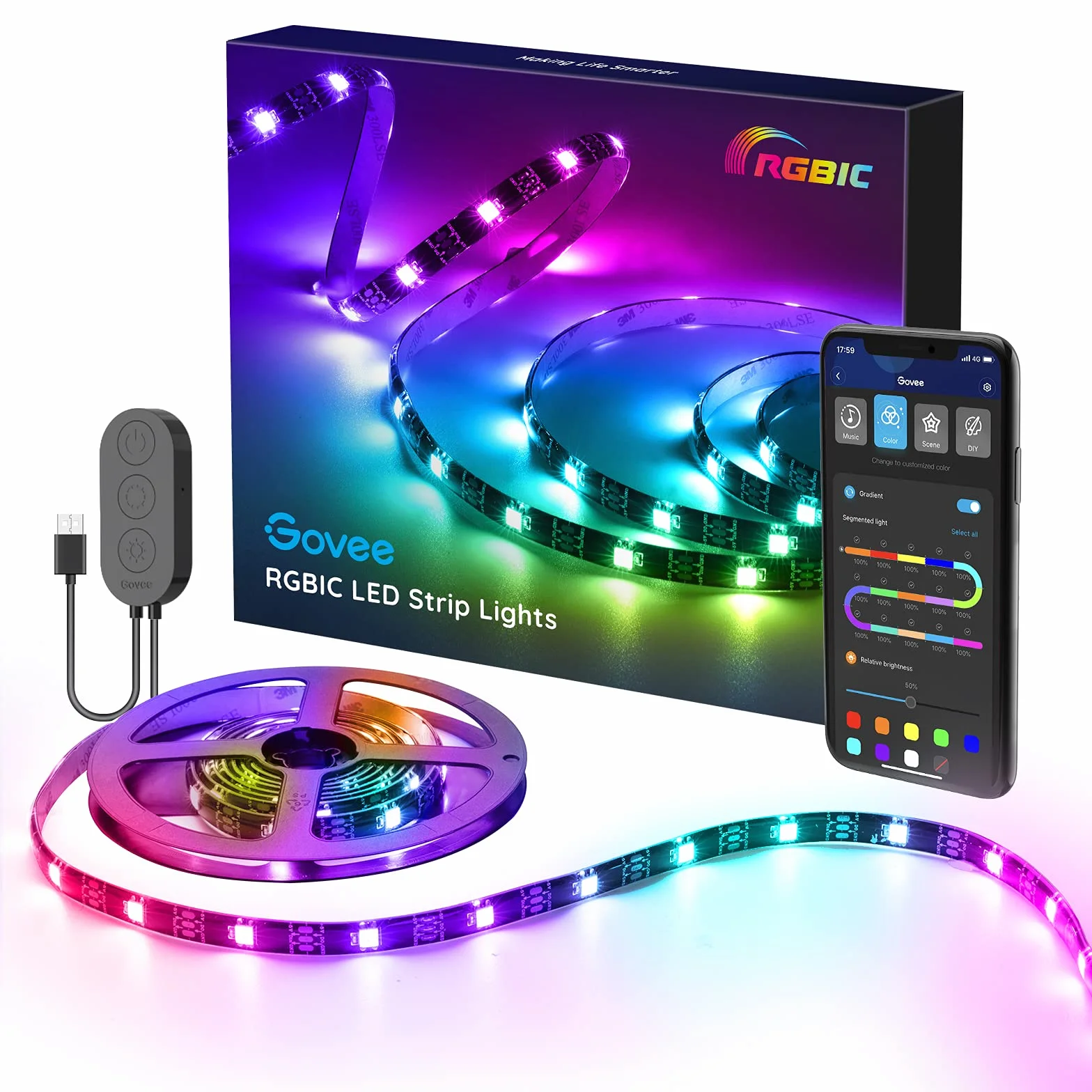 Govee RGBIC wodoszczelna elastyczna taśma LED, możliwość synchronizacji z muzyką, 300 diod LED, 2 m