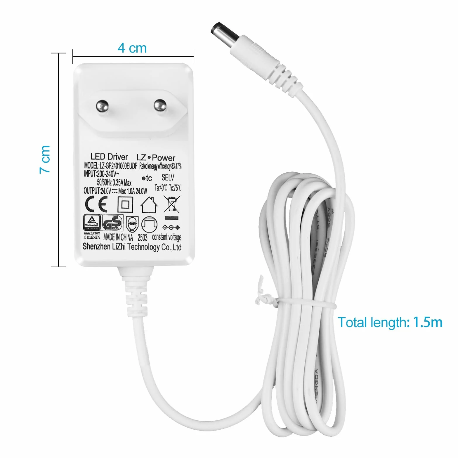 Zasilacz 24V 1A do Taśm LED 24W Transformator AC 200-240V na DC 24V z Kablem 1,5m Gniazdo 5,5x2,1mm Wtyczka EU