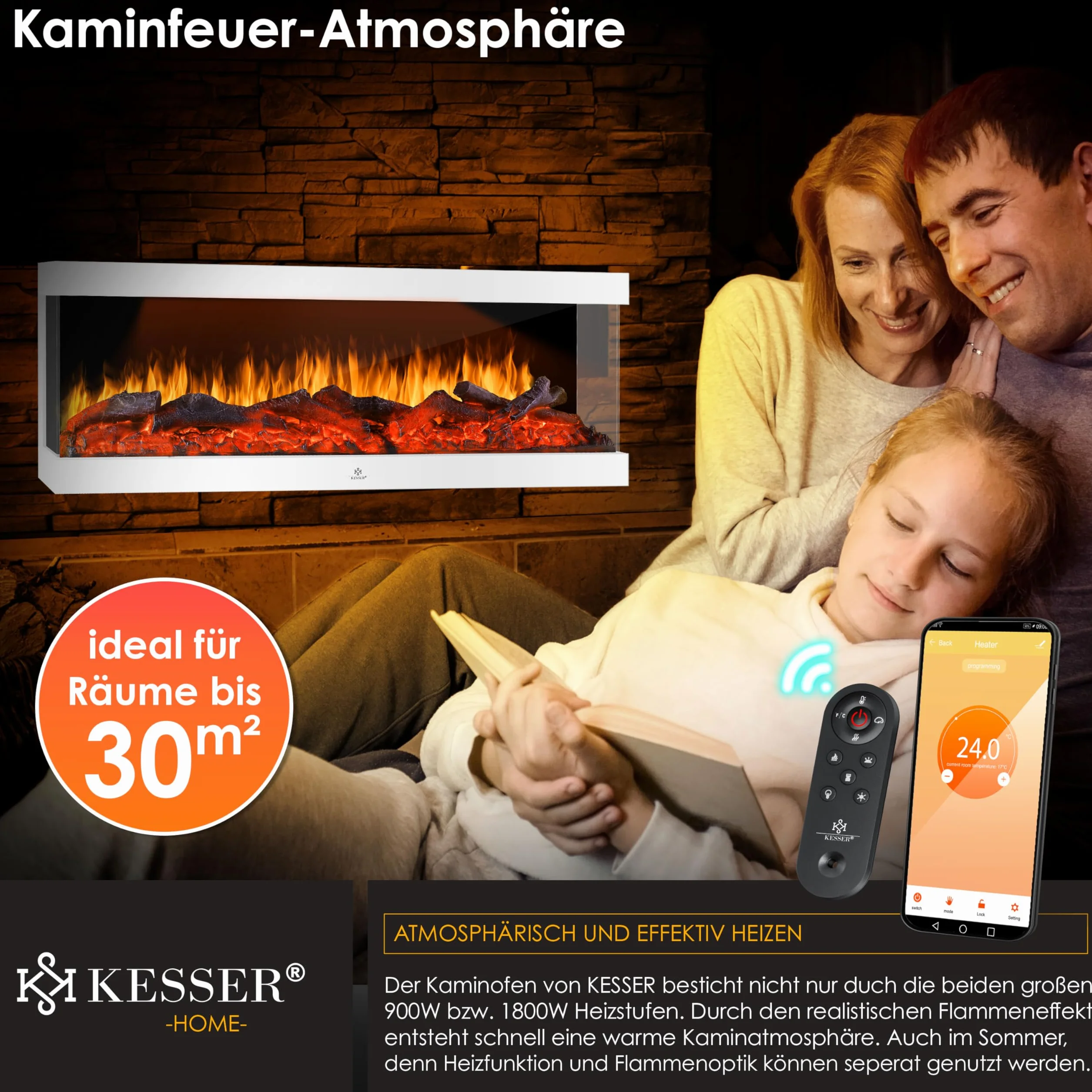 KESSER Kominek elektryczny 3D ścienny 900/1800 W 9 trybów LED efekt płomienia z ogrzewaniem