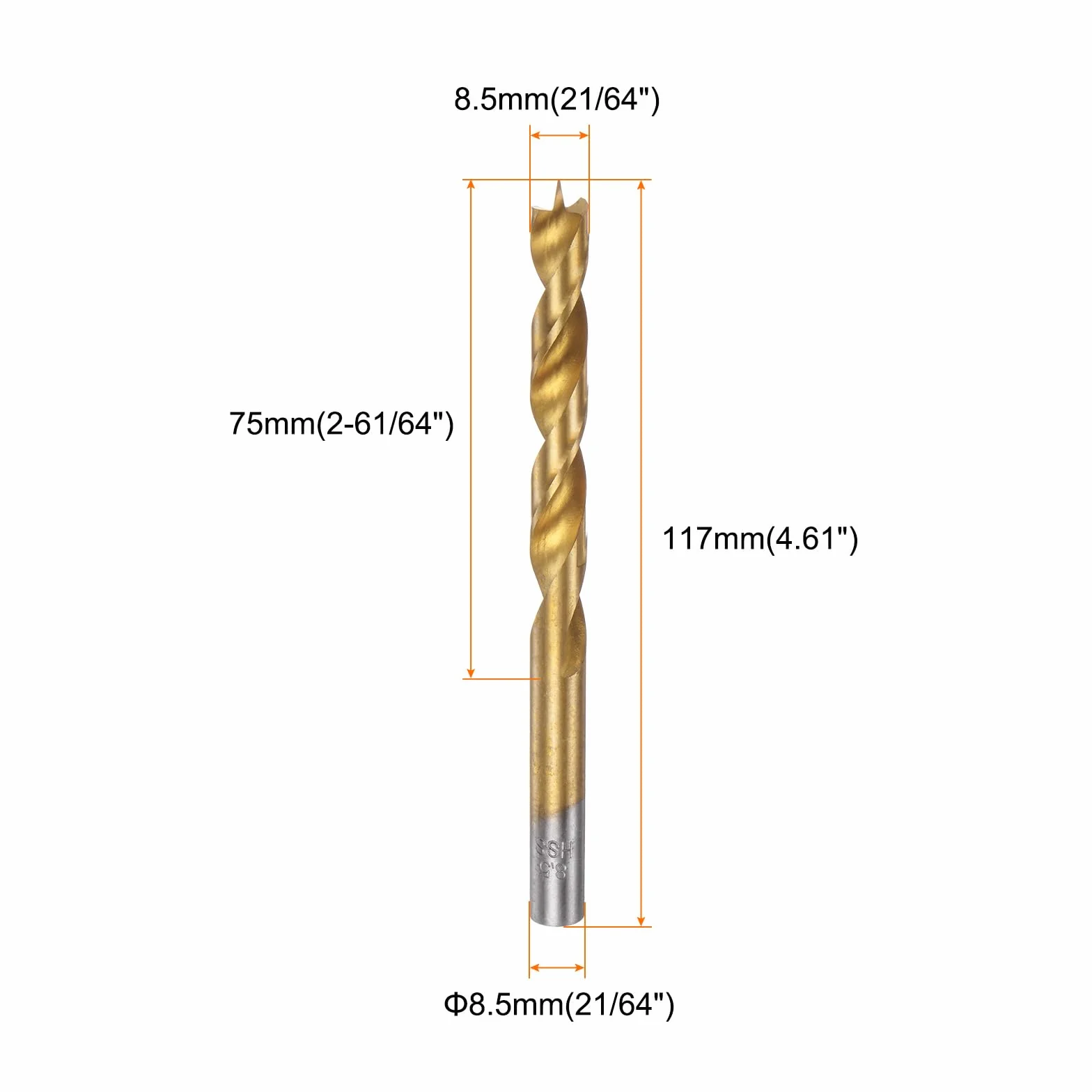 Wiertło Brad Point 8,5 mm (21/64") prosty okrągły trzpień metryczne spiralne do obróbki drewna złoty