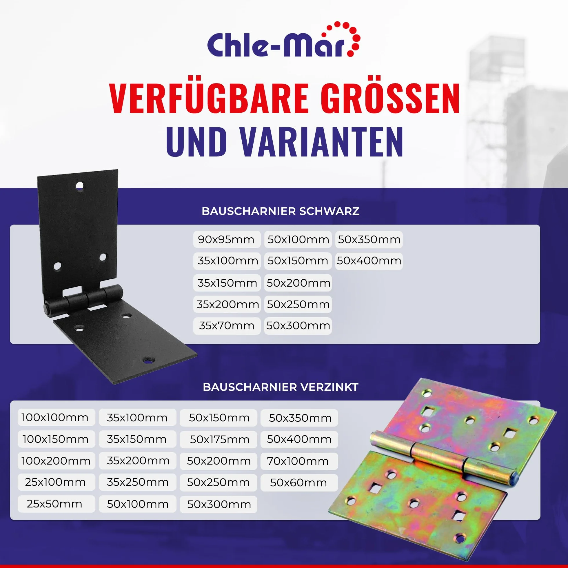 Chle-Mar – 10x Ocynkowany zawias budowlany 35x100mm | Wytrzymały zawias drzwiowy do mebli i drzwi drewnianych | Zawias do skrzyń i szafek | Odporny na warunki atmosferyczne - do wnętrz i na zewnątrz