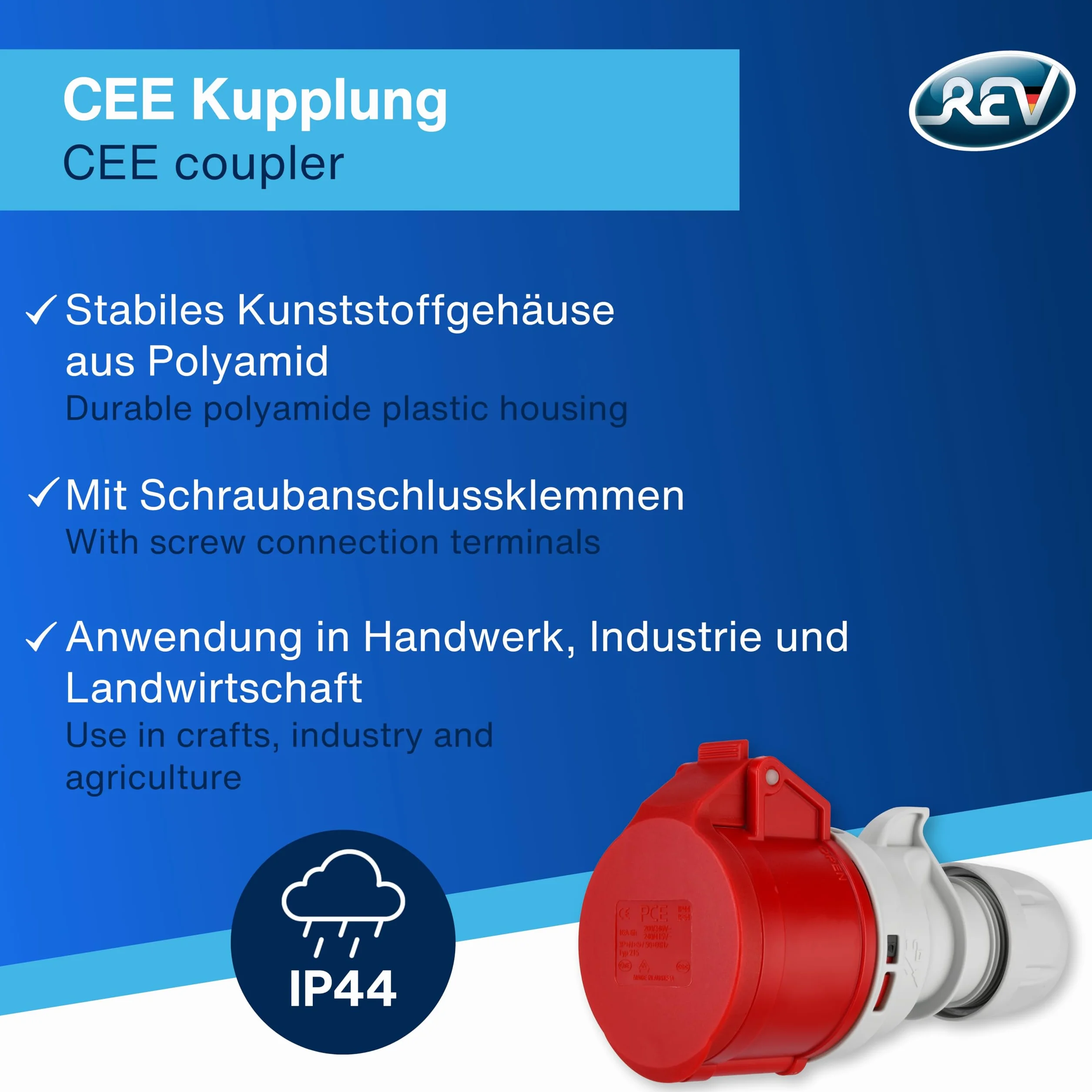 REV 0512560555 złącze CEE 5-biegunowe 3Ph+N+PE IP44 400 V 16 A czerwone