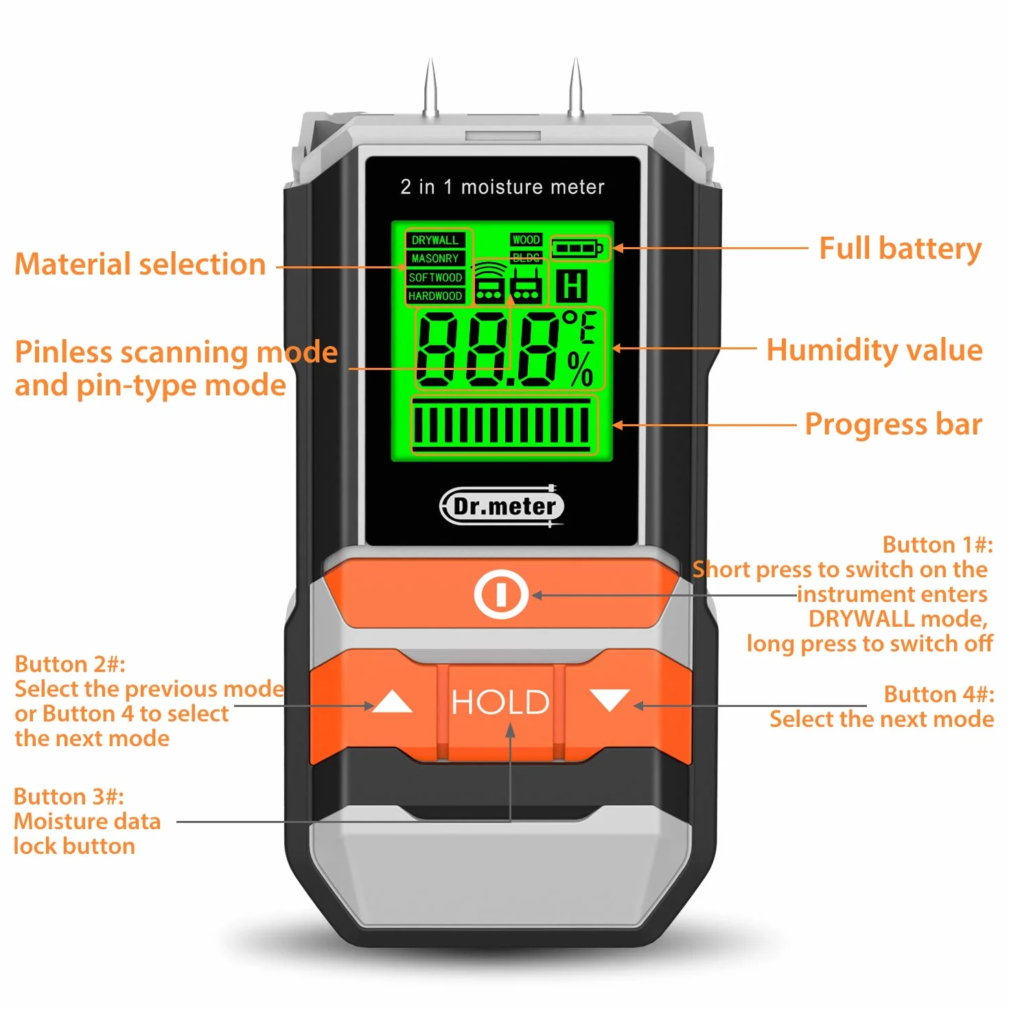 2-pinowy tester wilgotności powietrza, cyfrowy wyświetlacz LCD HD