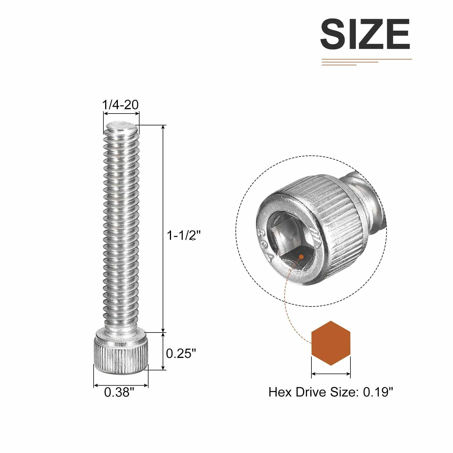 Śruby z łbem sześciokątnym 1/4-20x1-1/4" 304 stal szlachetna pełny gwint 25 sztuk