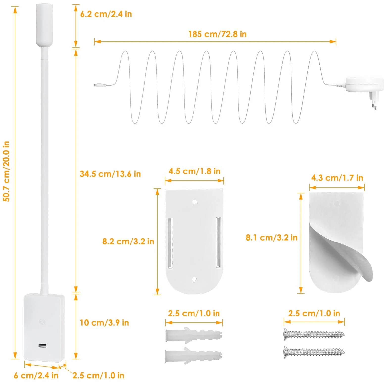 ENUOTEK Lampka Nocna LED Z Regulacją Dotyku Do Montażu Na Ścianie, Biała Kinkiet Do Czytania Z Portem USB 5V2A, Elastyczny Giętki Przewód, 4 Poziomy Jasności, Neutralne Białe