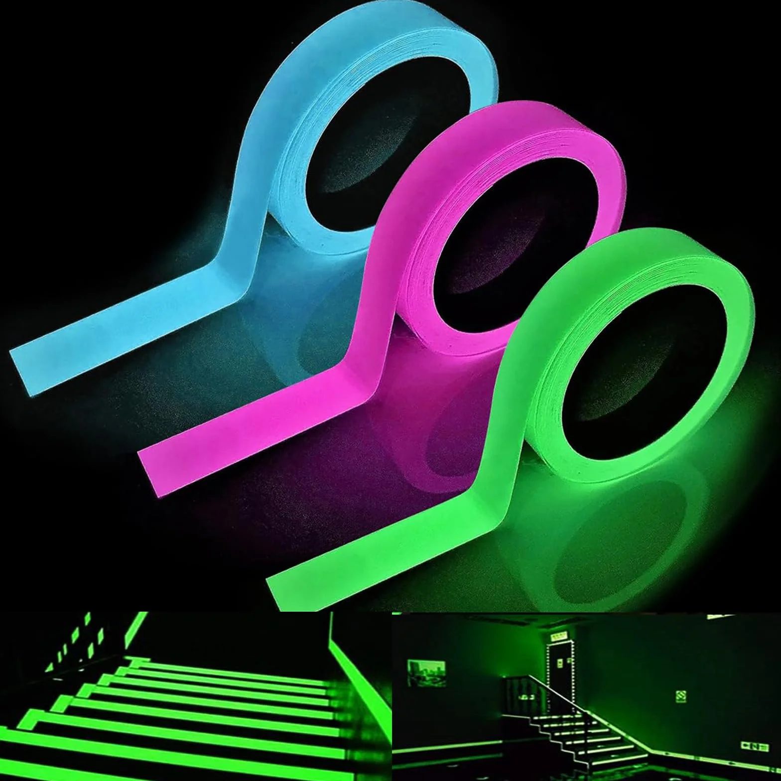 3 sztuki świecącej taśmy klejącej, fluorescencyjna, świecąca taśma ostrzegawcza, wodoodporna, świecąca w nocy, fluorescencyjna taśma neonowa, na schody, ściany i tabliczki wyjściowe