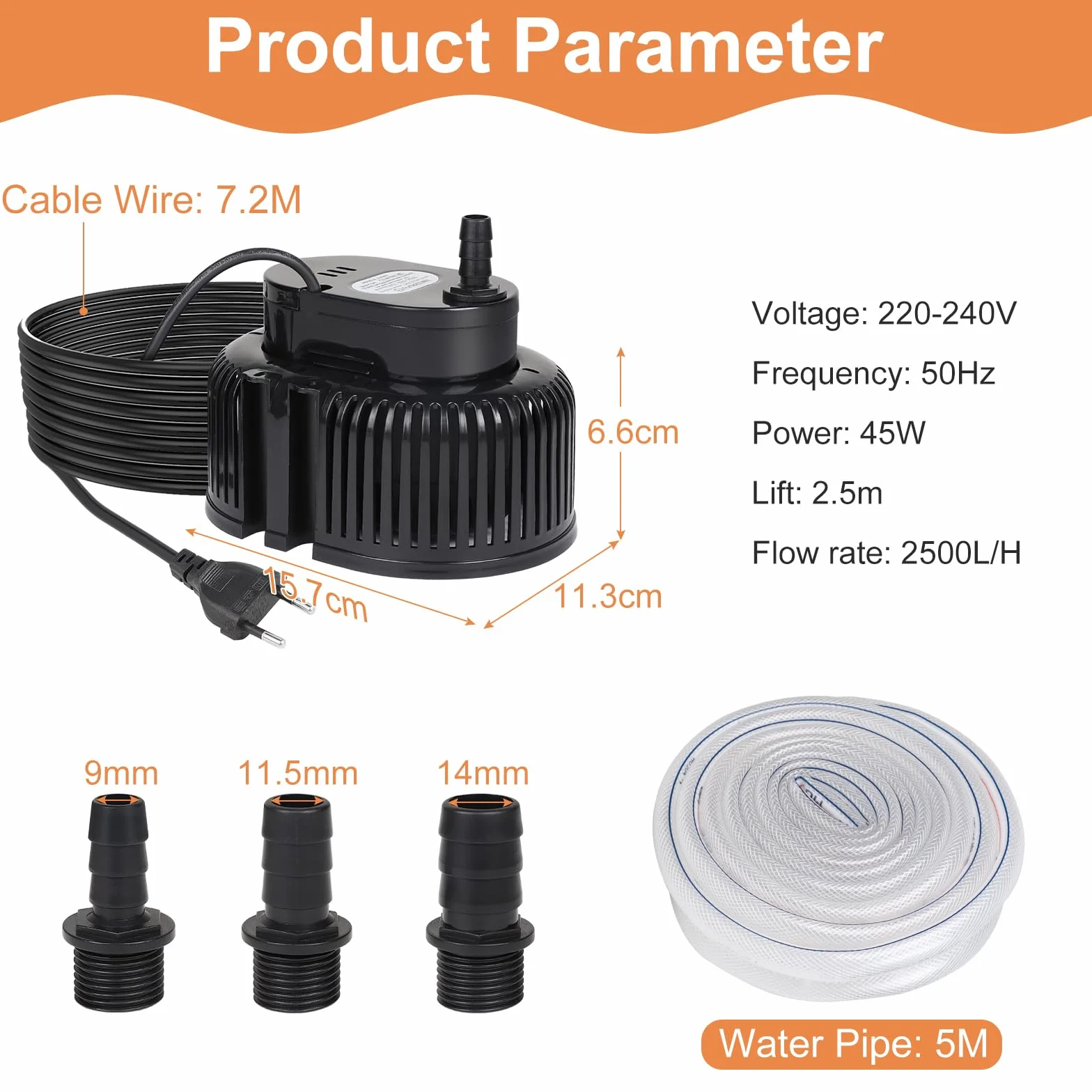 EFUTURETIME Pompa zatapialna 75 W mała pompa do stawu 2500 l/h pompa filtrująca bez pływaka z kablem 7,2 m, 3 różne adaptery, wąż 5 m, 2 zaciski (czarny)