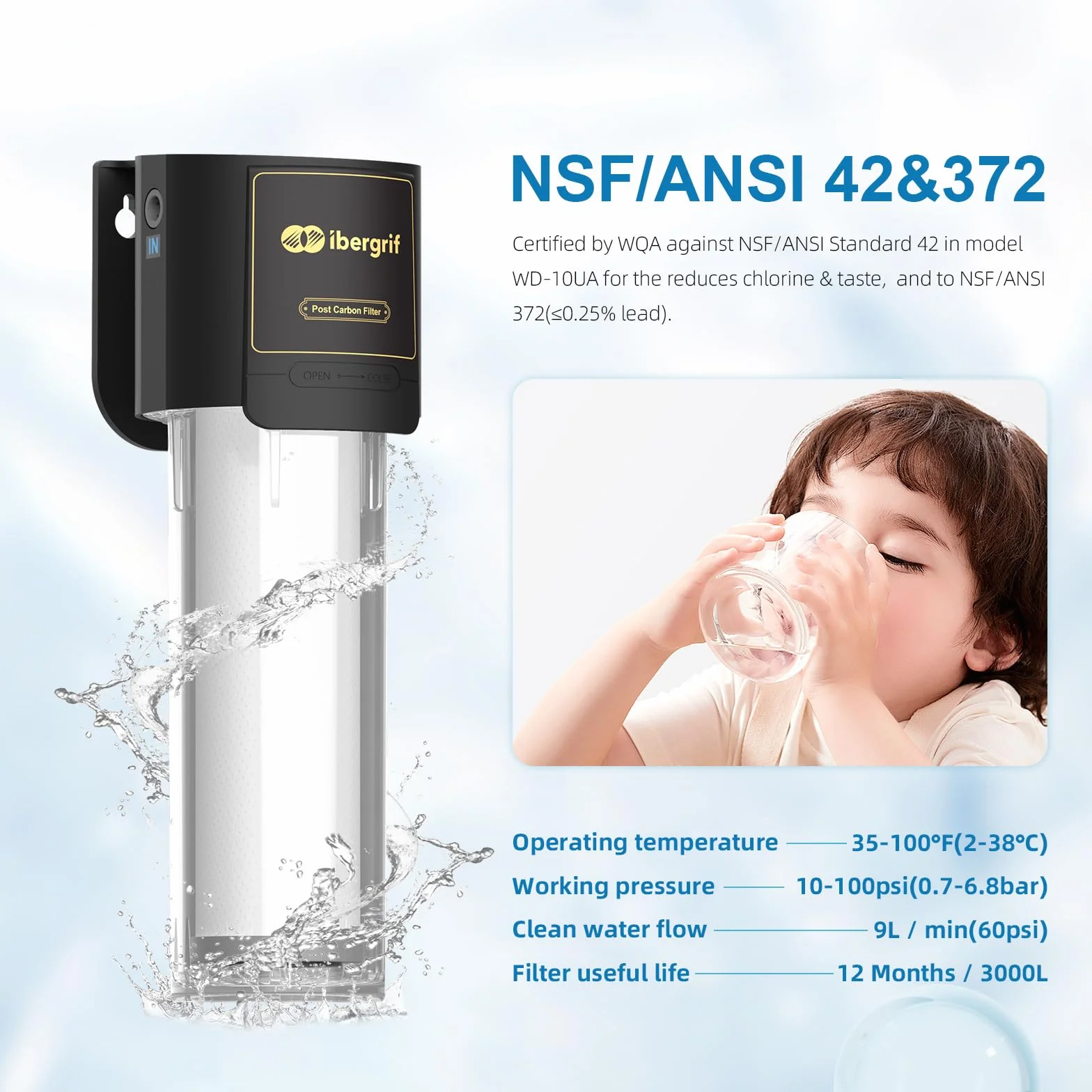 Ibergrif M91009 system filtra wody pod zlewem, NSF/ANSI 42, redukuje chlor, ołów, fluorek, zły smak i zapach, czarny