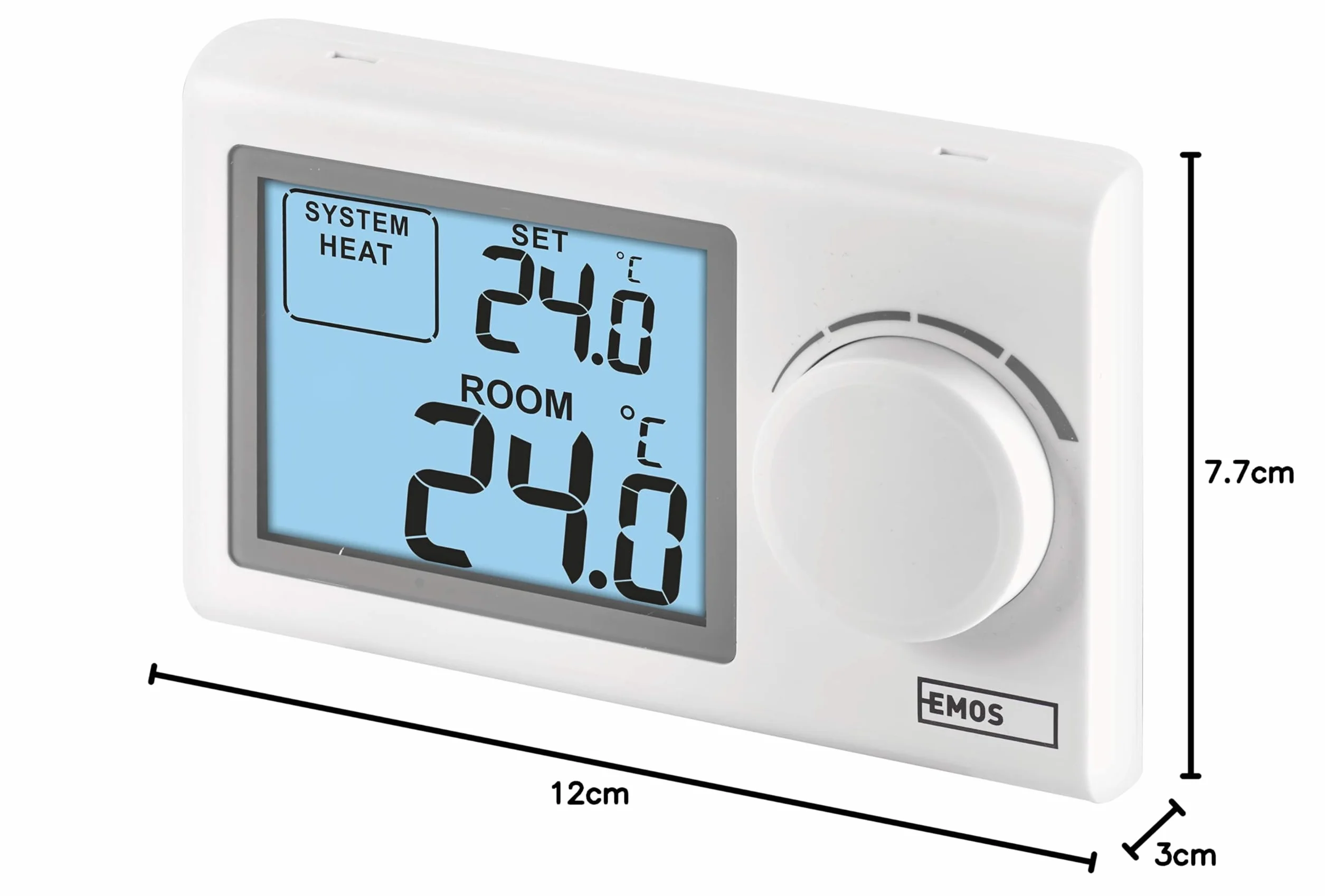 EMOS - Cyfrowy termostat pokojowy z wyświetlaczem LCD – ręczny, przewodowy – systemy ogrzewania i chłodzenia – regulacja temperatury 5–35 °C – montaż natynkowy – łatwa obsługa – bateria w zestawie –