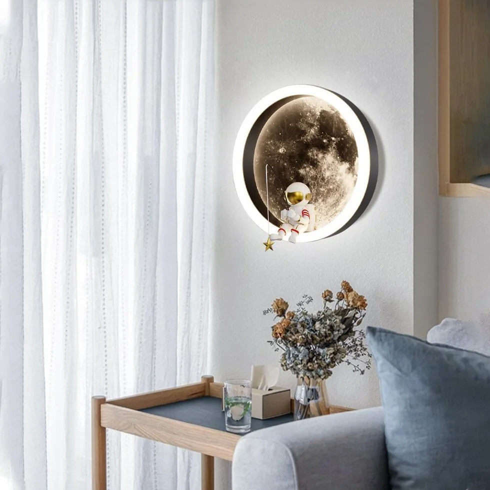 Lampa ścienna LED dla dzieci księżyc, dekoracja astronauty pokój dziecięcy dekoracja zagłówka kinkiet ścienny, 3000k 12W okrągła lampa ścienna do pokoju dziecięcego (A: biała)