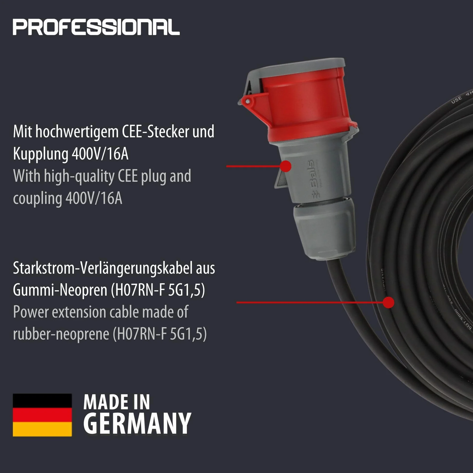 Brennenstuhl Professional Przedłużacz CEE IP44 kabel 30m H07RN-F 5G1.5 5-stykowy czarny Made in Germany