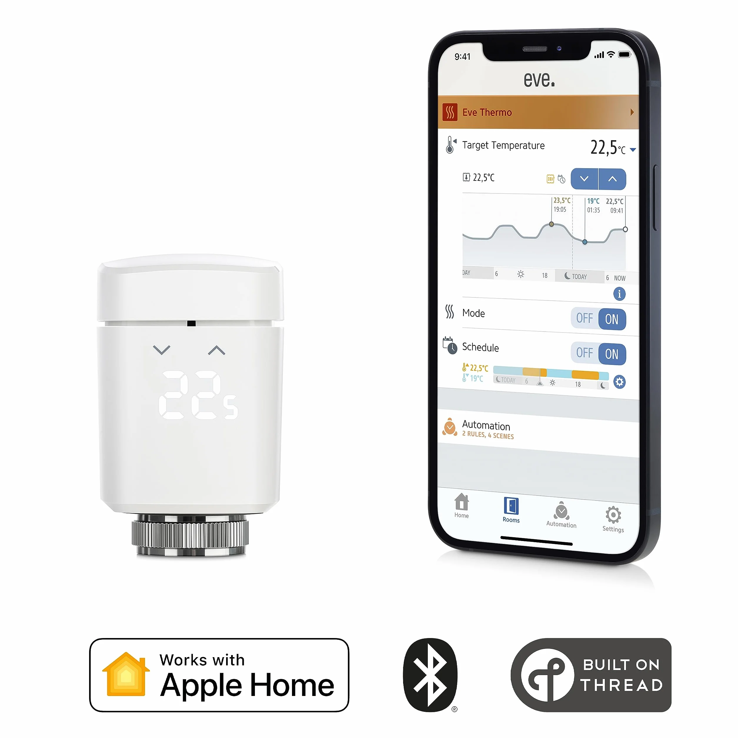 Eve Thermo (Apple Home) – inteligentny termostat grzejnikowy, oszczędność kosztów ogrzewania, nowoczesne sterowanie ogrzewaniem (aplikacja/harmonogramy/obecność), łatwy montaż, do popularnych zaworów