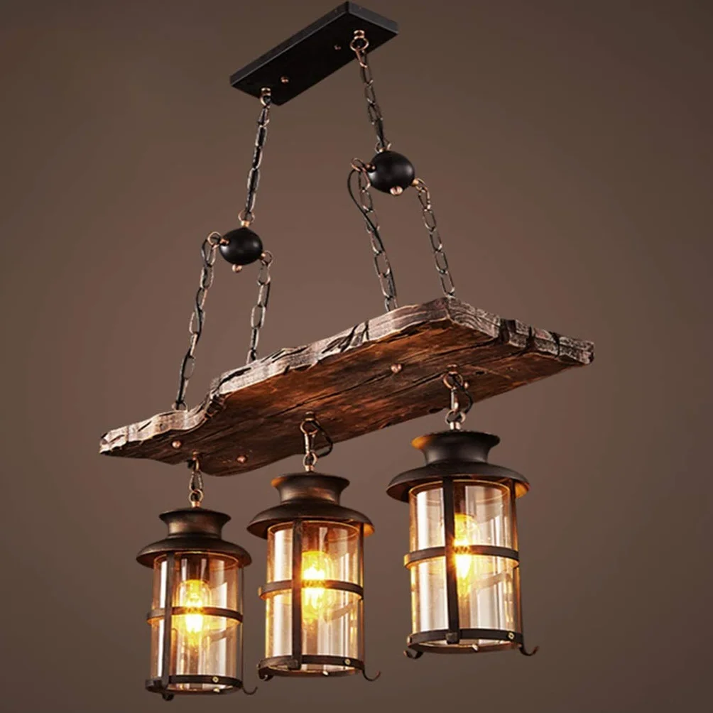 Lampa wisząca vintage E27, przemysłowa retro drewno czarna żelazo i szkło, klosz loft z regulacją wysokości