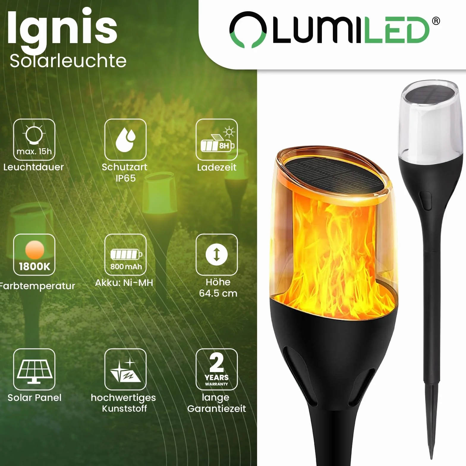 LUMILED Solarna pochodnia ogrodowa zestaw 4 lamp solarnych 64,5 cm IP65 LED migoczący płomień efekt płomienia