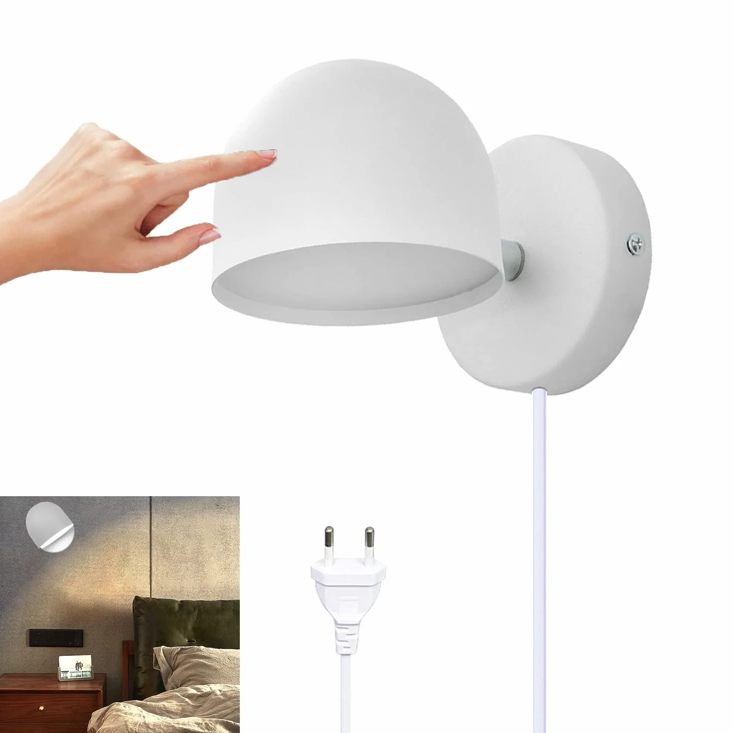 Kinkiet wewnętrzny LED 12W z wtyczką ściemniana lampa ścienna sterowana dotykiem, 360° obrotowy lampka nocna, 3000 K ciepły biały regulowany światło do czytania się salonu, sypialni, schodów,White