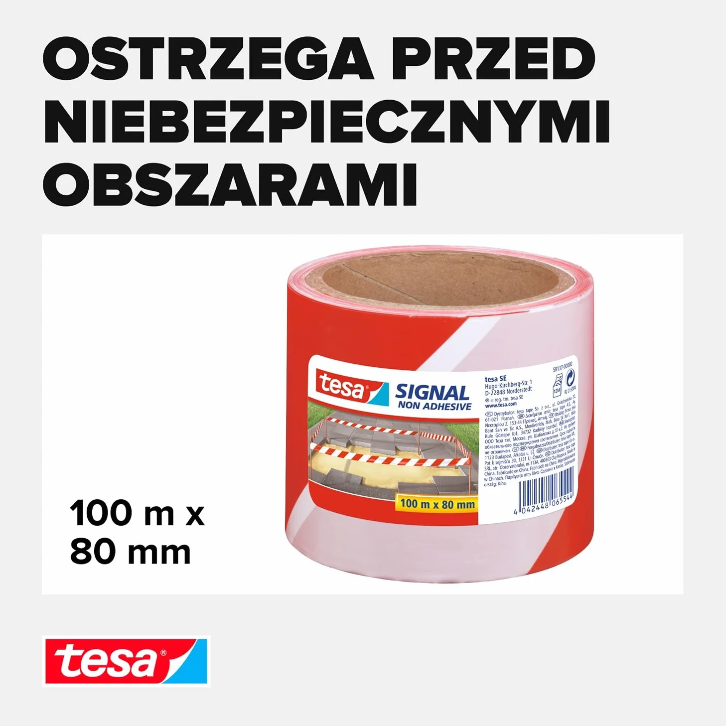 tesa Taśma Ostrzegawcza Barierowa Nieprzylepna 100 m x 80 mm Czerwono-Biała Odporna na UV