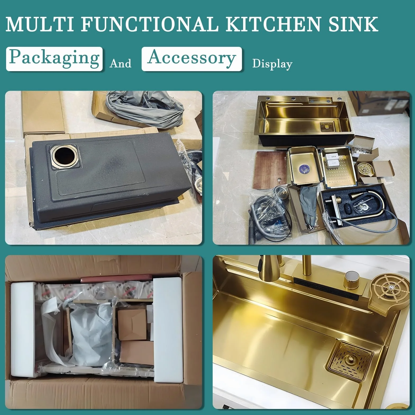 Gold Nano Kitchen Waterfall Sink Set with Multi-Function Pull-Out Faucet Deep Single Bowl 75x45cm