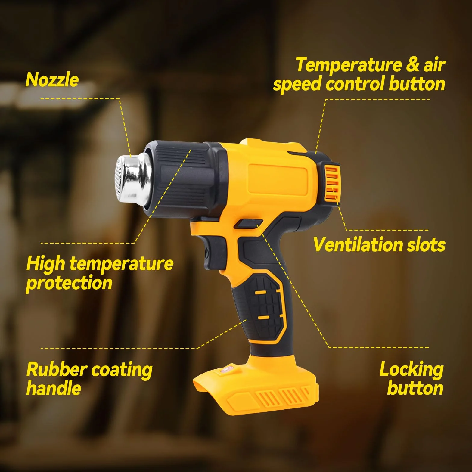 Bezprzewodowa opalarka Dewalt 20 V 50℃-550℃ z cyfrowym wyświetlaczem, regulowana temperatura, 5 dysz