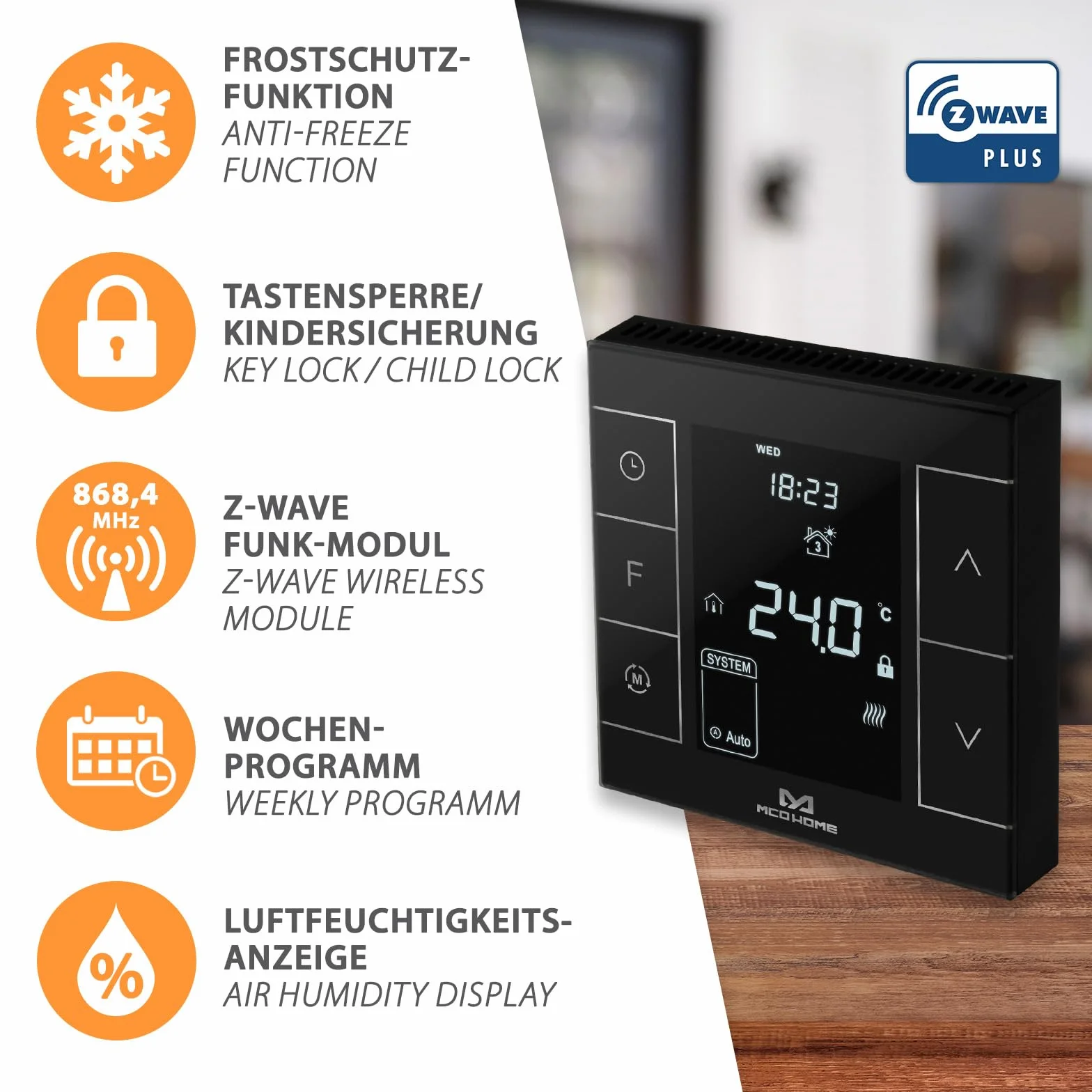 MCO Home Z-Wave MH7H-EH termostat pokojowy do ogrzewania podłogowego i ogrzewania na podczerwień/Z-Wave Smarthome, czarny