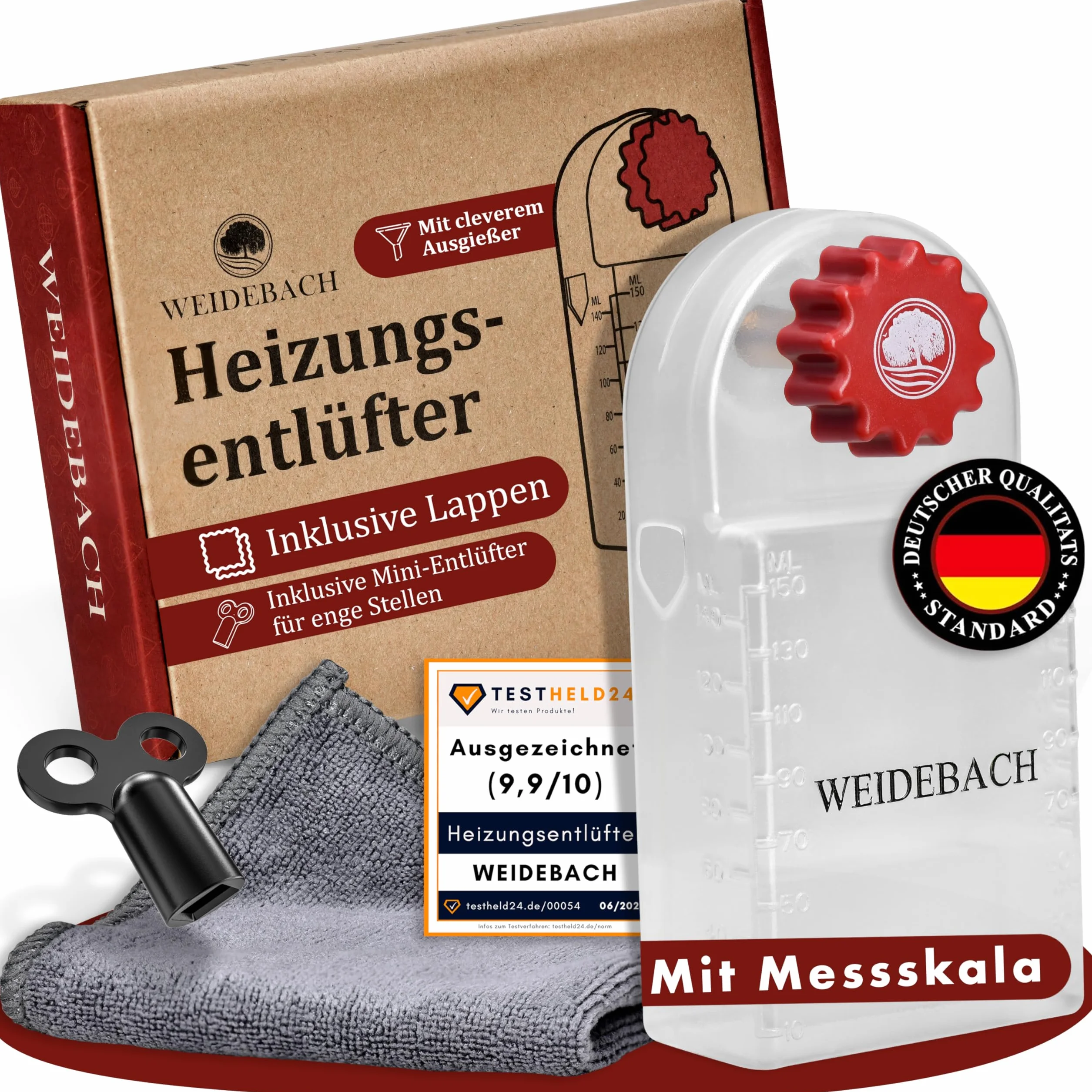 WEIDEBACH® Klucz do odpowietrzania grzejników z pojemnikiem odbiorczym (140ml), odpowietrzacz do grzejników wraz z mikrofibrowym ręcznikiem i mini kluczem do odpowietrzania na wąskie przestrzenie