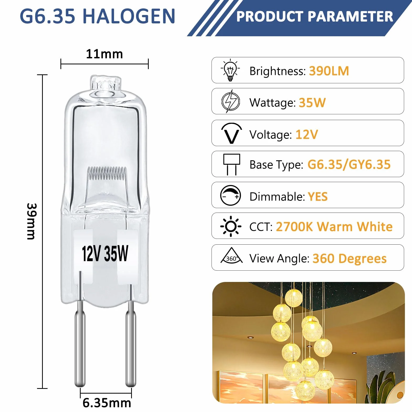 Żarówki halogenowe G6.35 35W 12V 390lm 2700K ściemnialne 12 szt. do lamp i żyrandoli