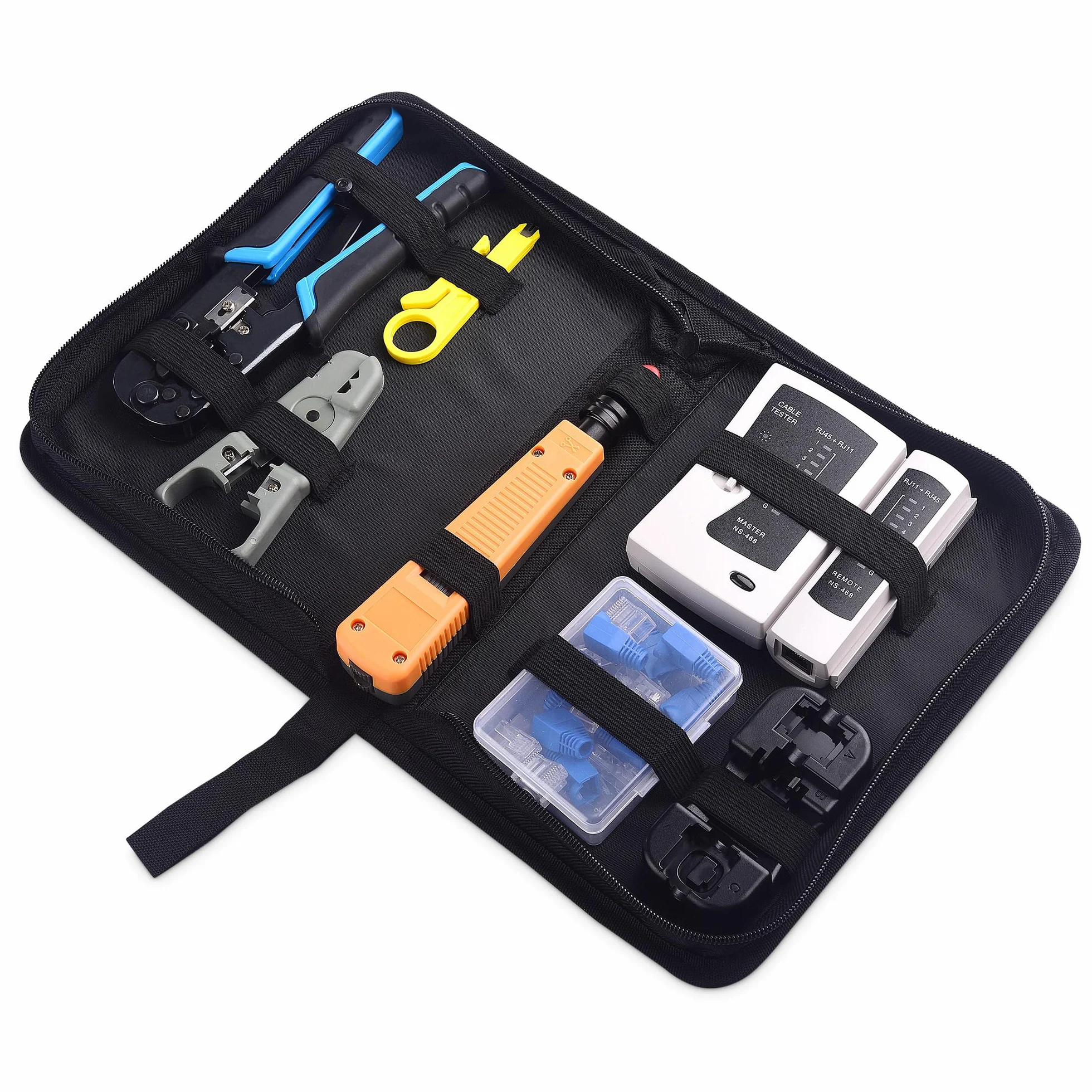 Cable Matters zestaw narzędzi sieciowych 7 w 1: zaciskarka RJ45, narzędzie uderzeniowe (punch down), podstawka, tester kabli, wtyki RJ45 z osłonkami, ściągacz izolacji + walizka