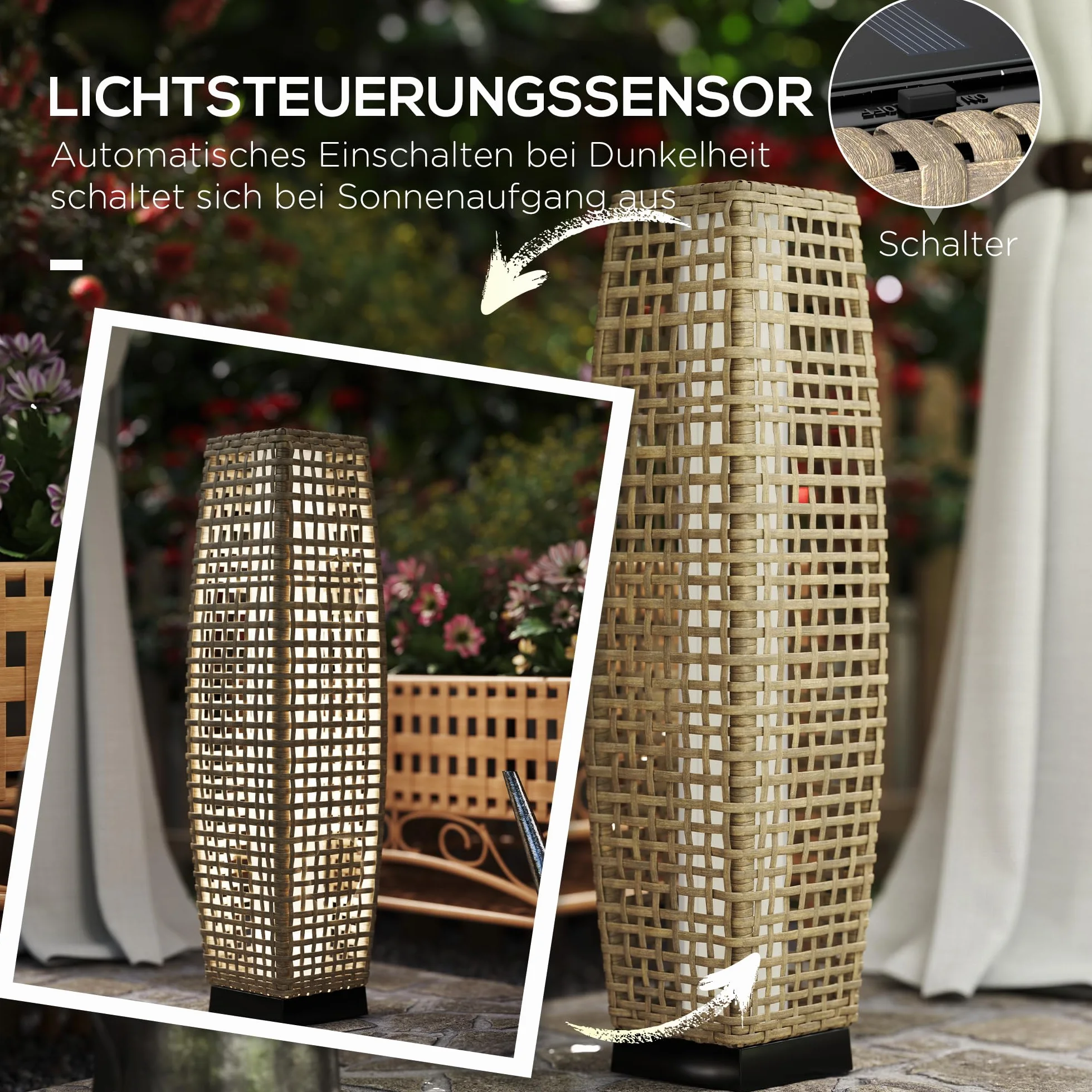 Outsunny Solar Stojąca Lampa Rattanowa z Czujnikiem Światła LED, Wodoodporna IP44, Styl Boho