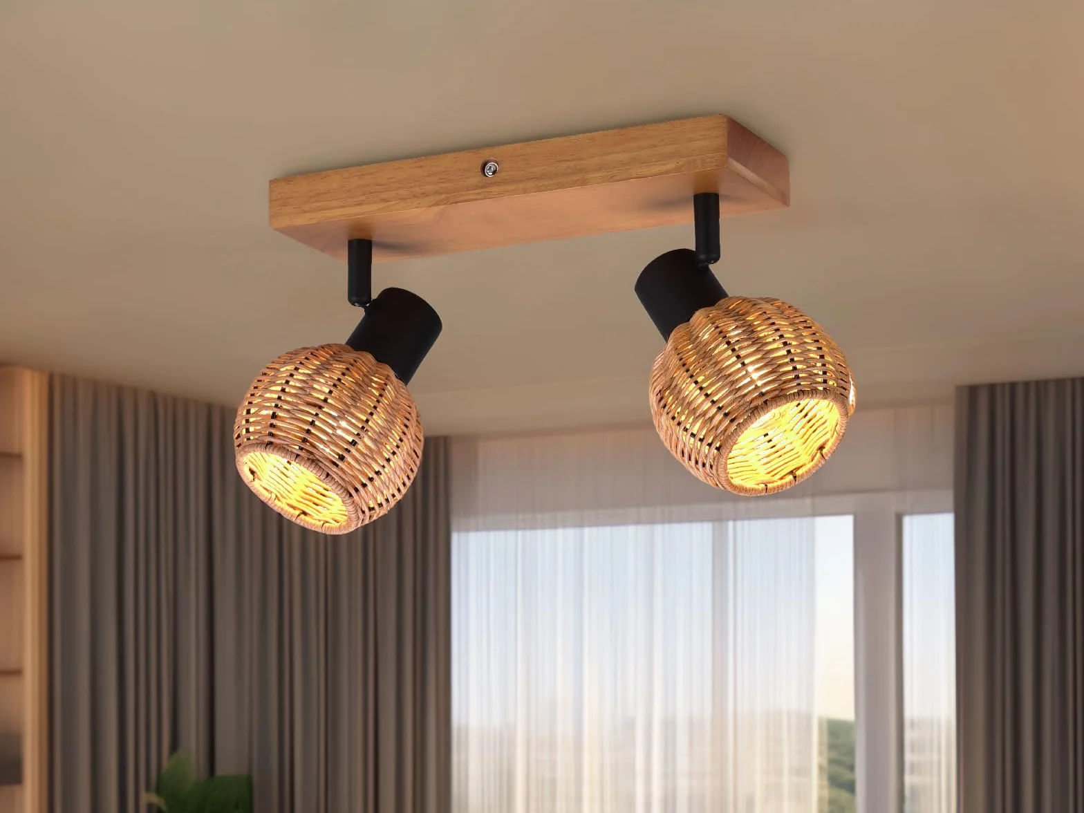 Reflektor sufitowy 2-płomienny Lampa drewniana z abażurami z ratanu naturalnym meineWunschleuchte