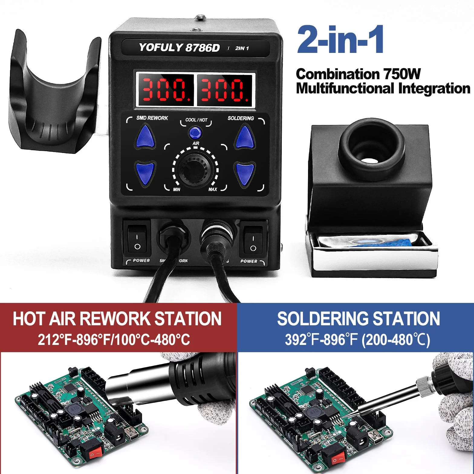 Yofuly Stacja Lutownicza 8786D 2 w 1 z Wyświetlaczem Temperatury LED