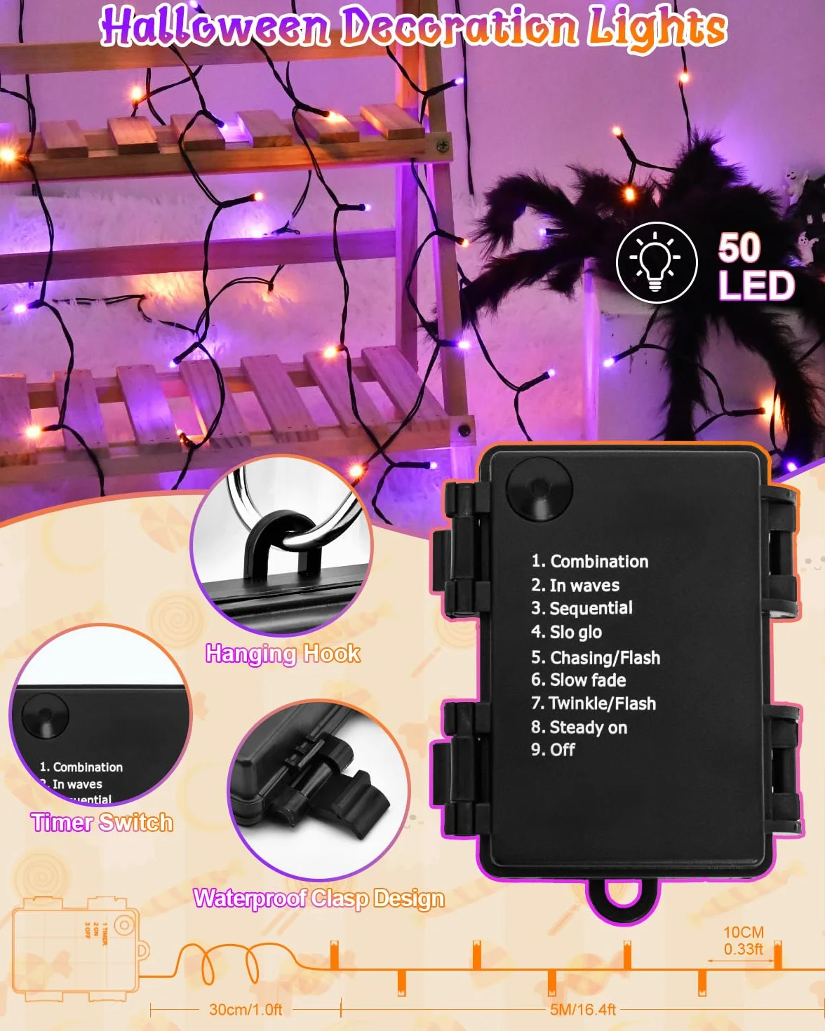 Dalugo Łańcuch świetlny na baterie, 5 m, 50 diod LED, USB, pomarańczowy, fioletowy, z timerem, 8 trybów, wodoszczelność IP65, z czarnym kablem do użytku wewnątrz i na zewnątrz