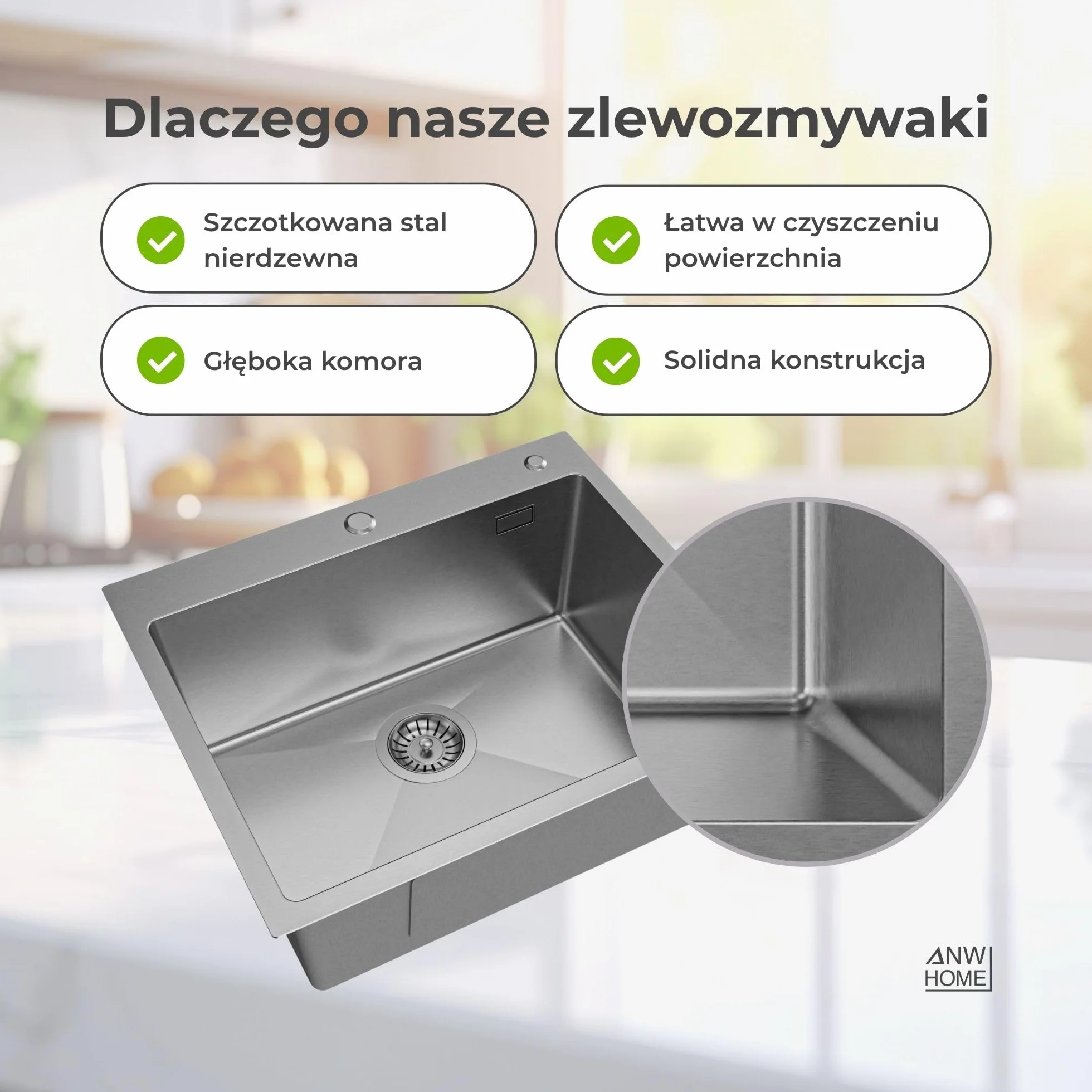 ANW HOME Zlewozmywak kuchenny 60x50 cm stal nierdzewna 304 2 otwory na kran z syfonem ociekaczem dozownikiem mydła 350 ml