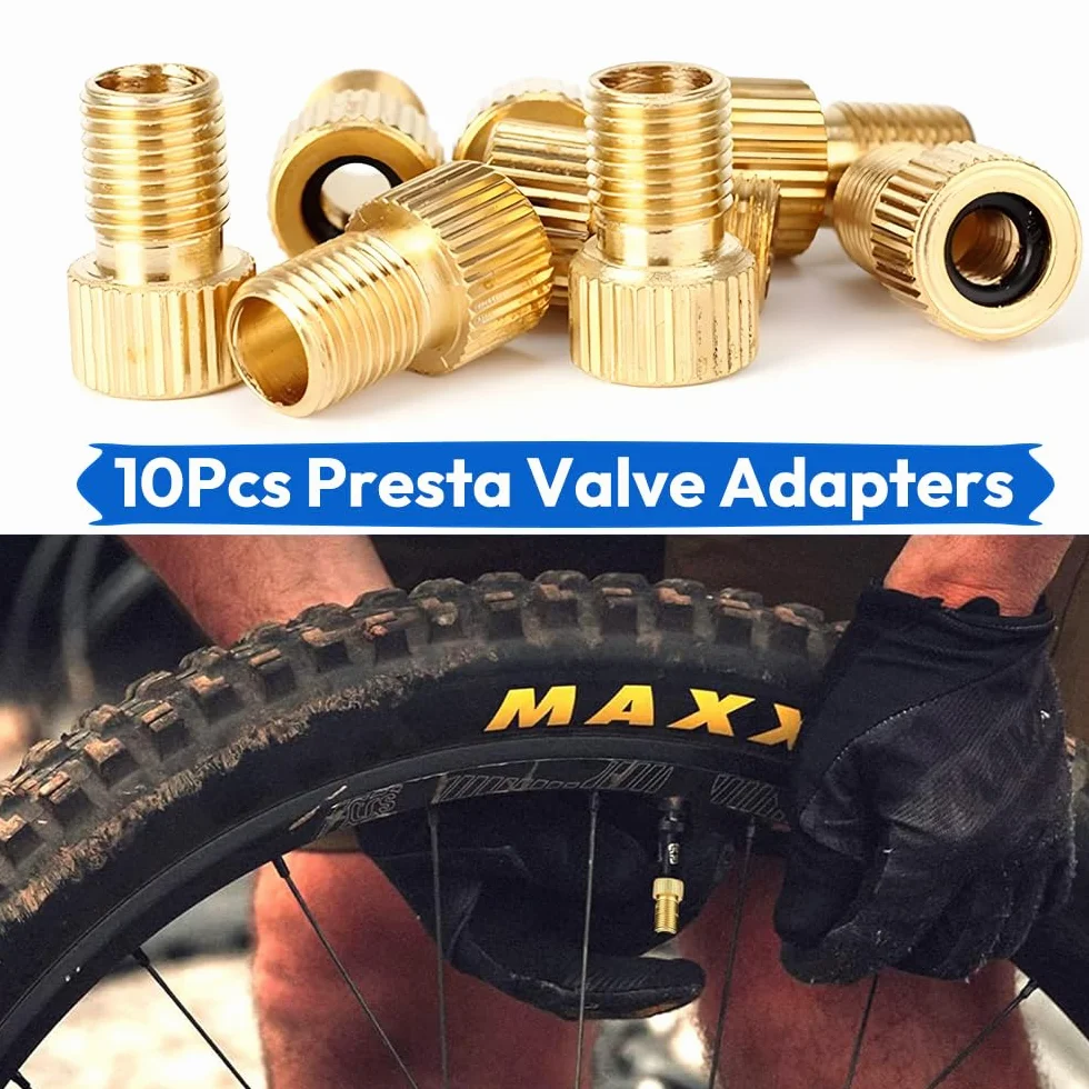 Adapter mosiężny do wentyli Presta + 10 sztuk nakrętek na wentyle Schradera, wentyl samochodowy AV, zestaw adapterów do wentyli rowerowych, adapter do wentyli francuskich