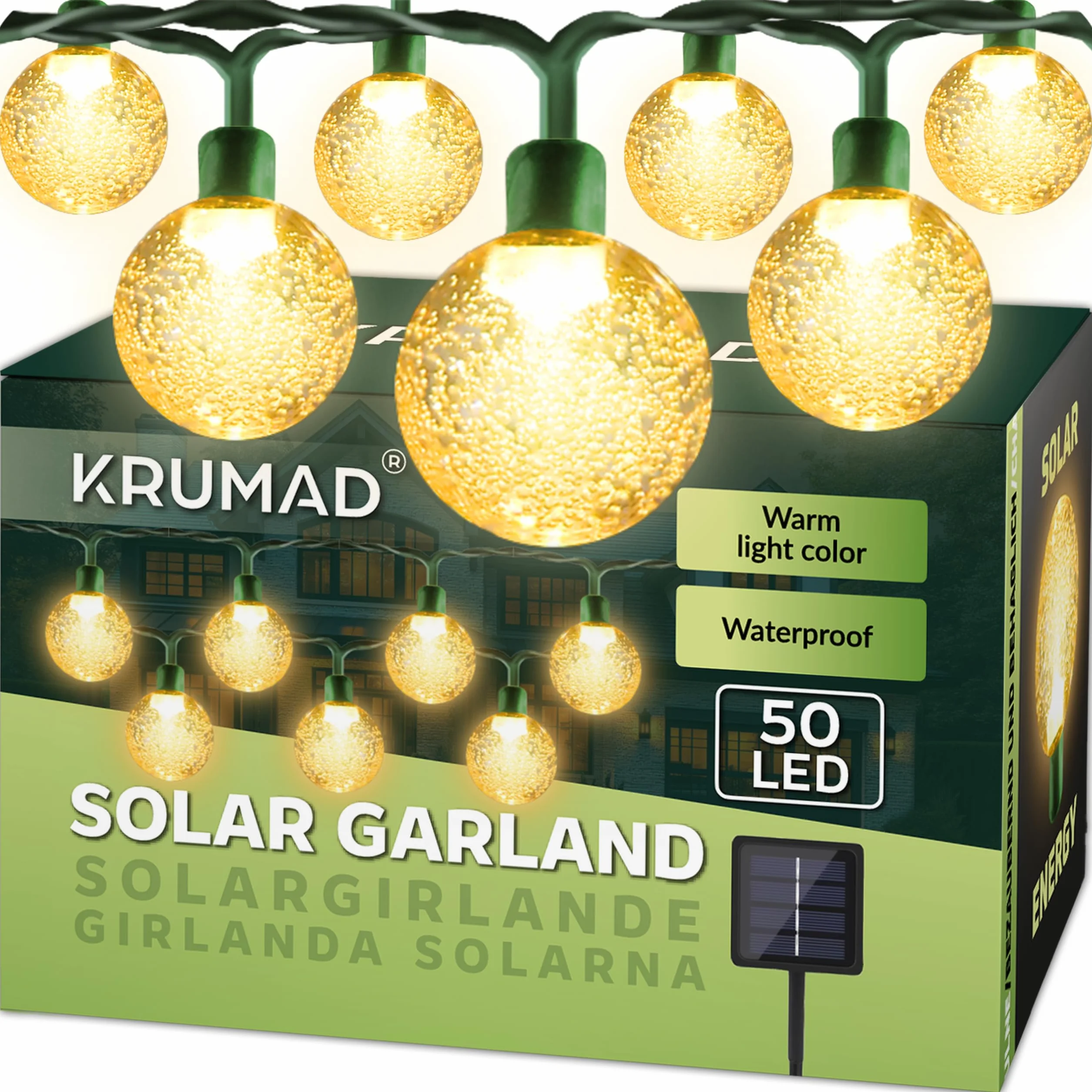 KRUMAD Girlanda Solarna LED 50 Lampek 7m Wodoodporna IP65 Ciepłe Światło 4 Tryby