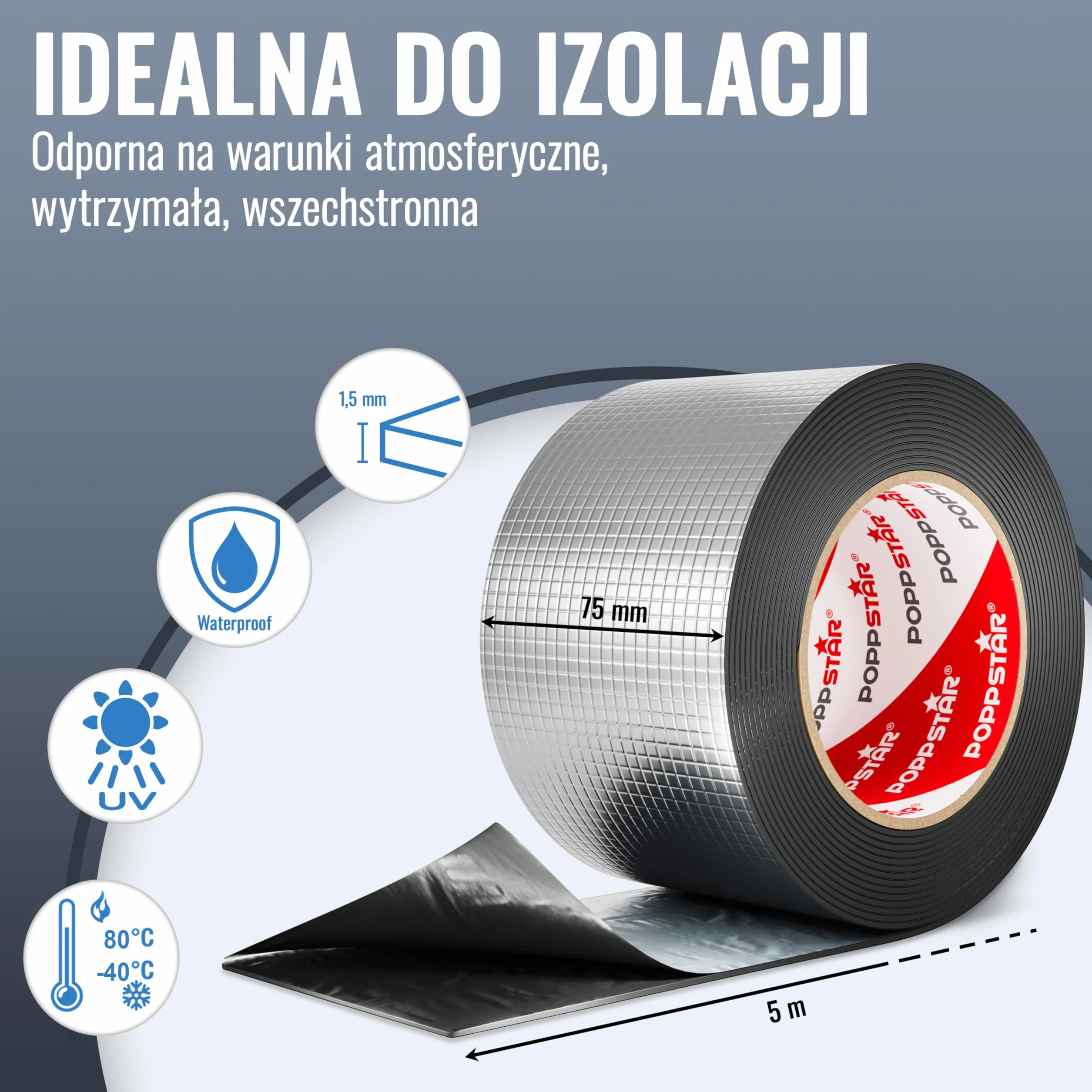 Poppstar aluminiowa taśma klejąca butylowa 5 m x 75 mm x 1,5 mm taśma uszczelniająca samoprzylepna