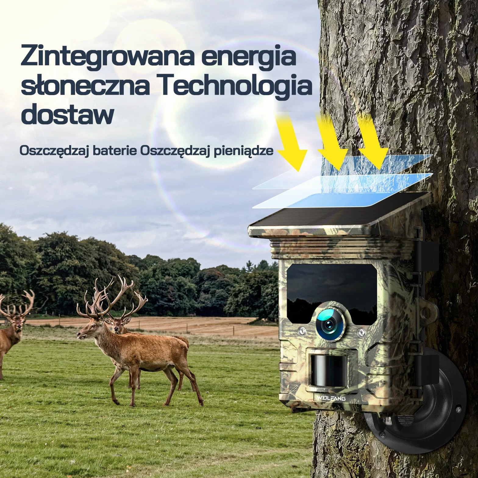 WOLFANG Solarna kamera do dzikiej przyrody, 4K, 46 MP, WiFi Bluetooth z noktowizorem, aktywowana ruchem, czas wyzwalania 0,1 s, wodoodporna kamera IP66, do monitorowania dzikiej przyrody, z kartą